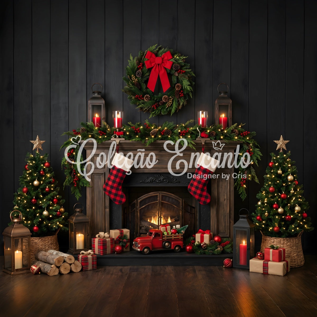 Toile de fond de Noël avec cheminée à carreaux camion et bas suspendus CEM65-170