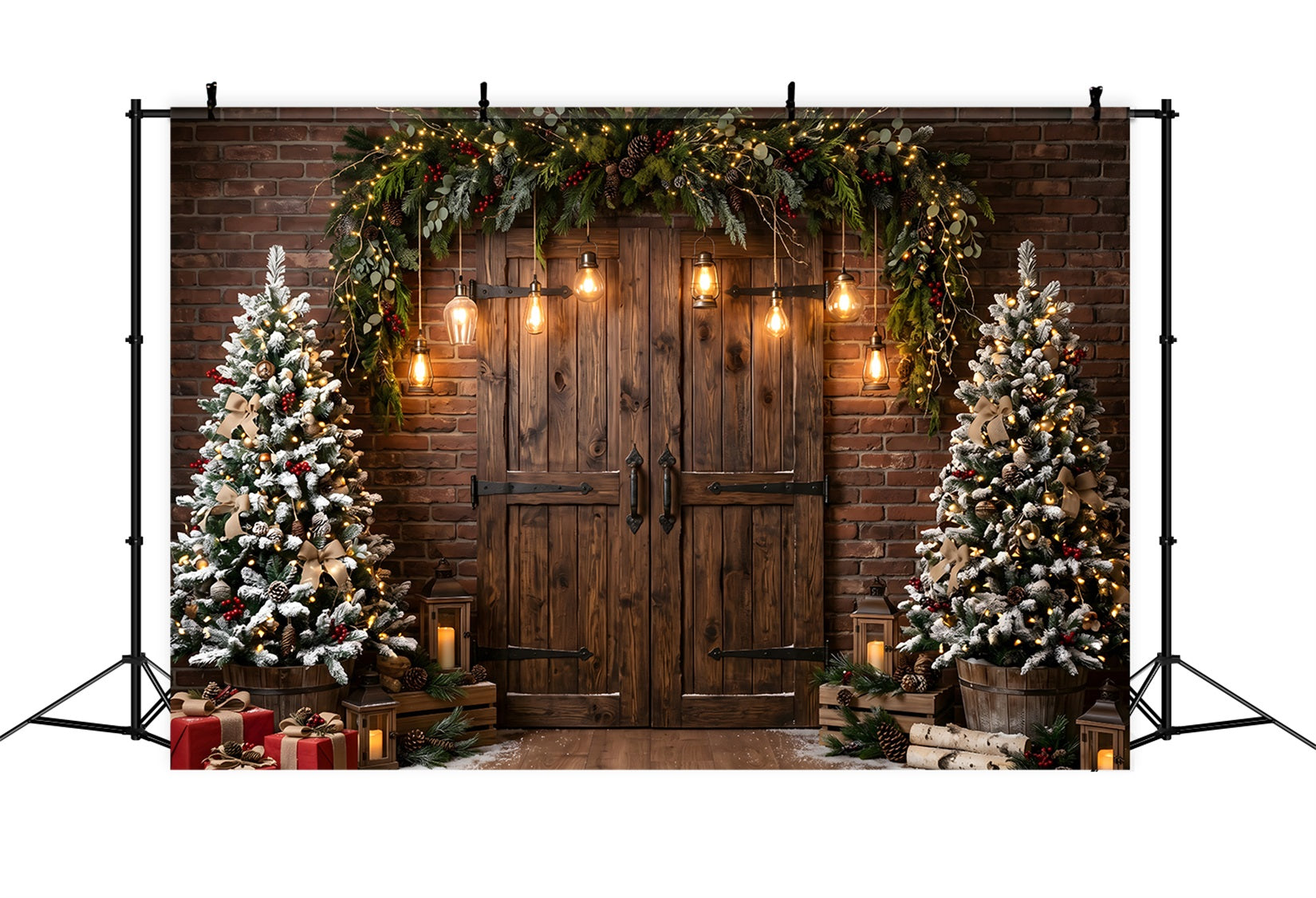 Toile de fond de Noël avec porte de grange rustique et ampoules rétro pour séance photo CEM65-174