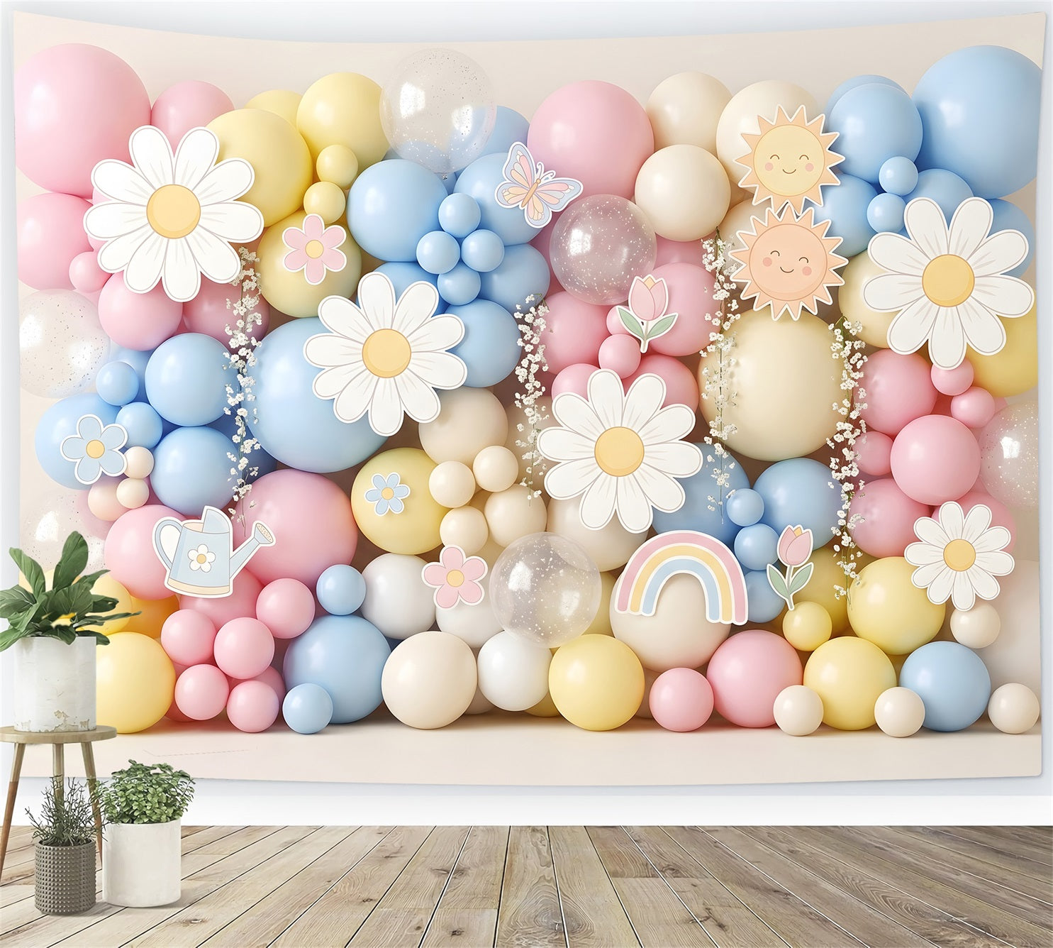 Toile de fond photo pour nouveau-né avec marguerites pastel soleil ballons et décor festif CEM65-18