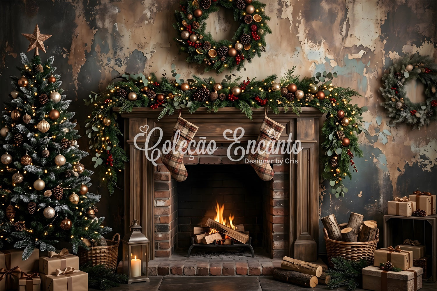 Toile de fond de Noël avec cheminée rustique sombre et bas suspendus pour photomaton CEM65-180