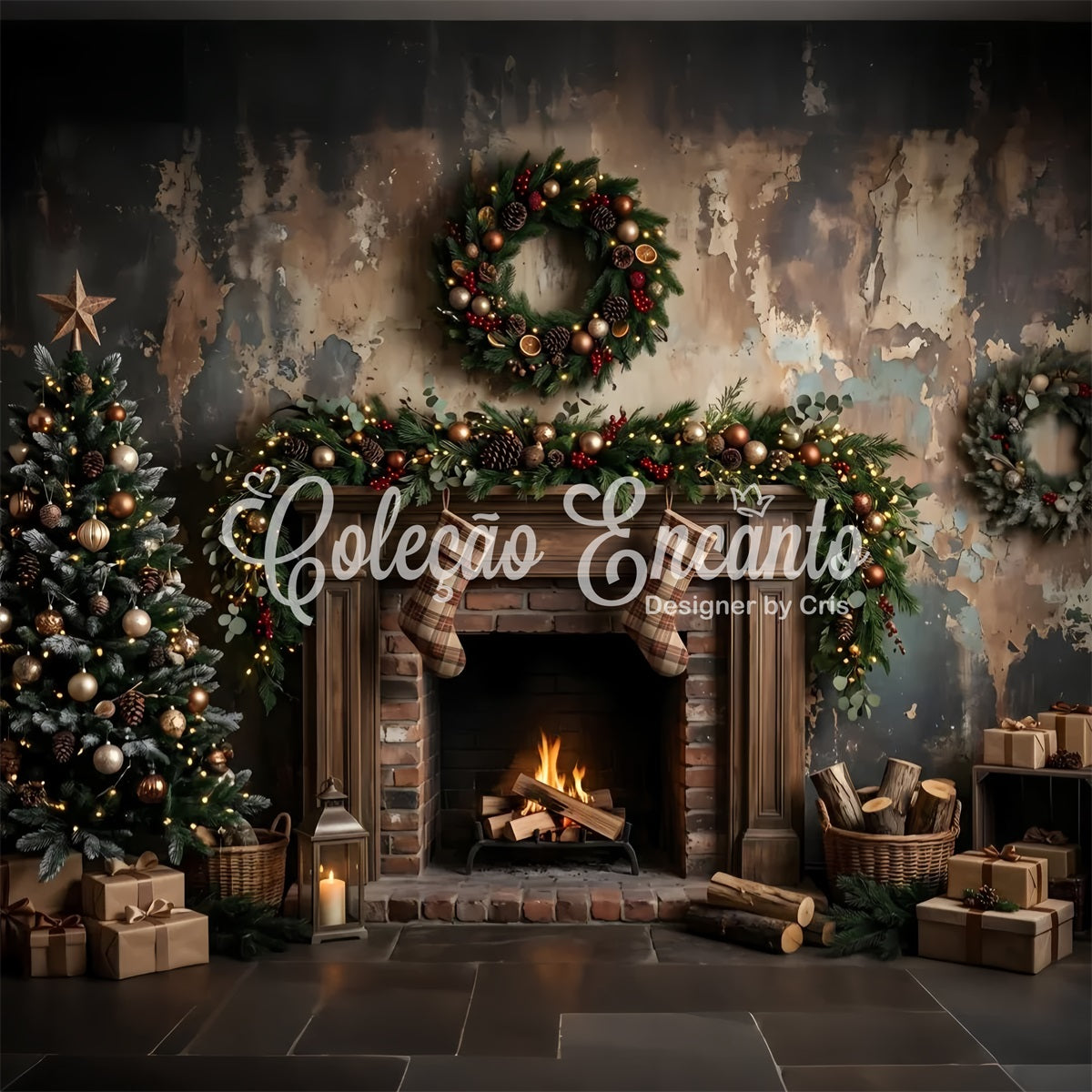 Toile de fond de Noël avec cheminée rustique sombre et bas suspendus pour photomaton CEM65-180
