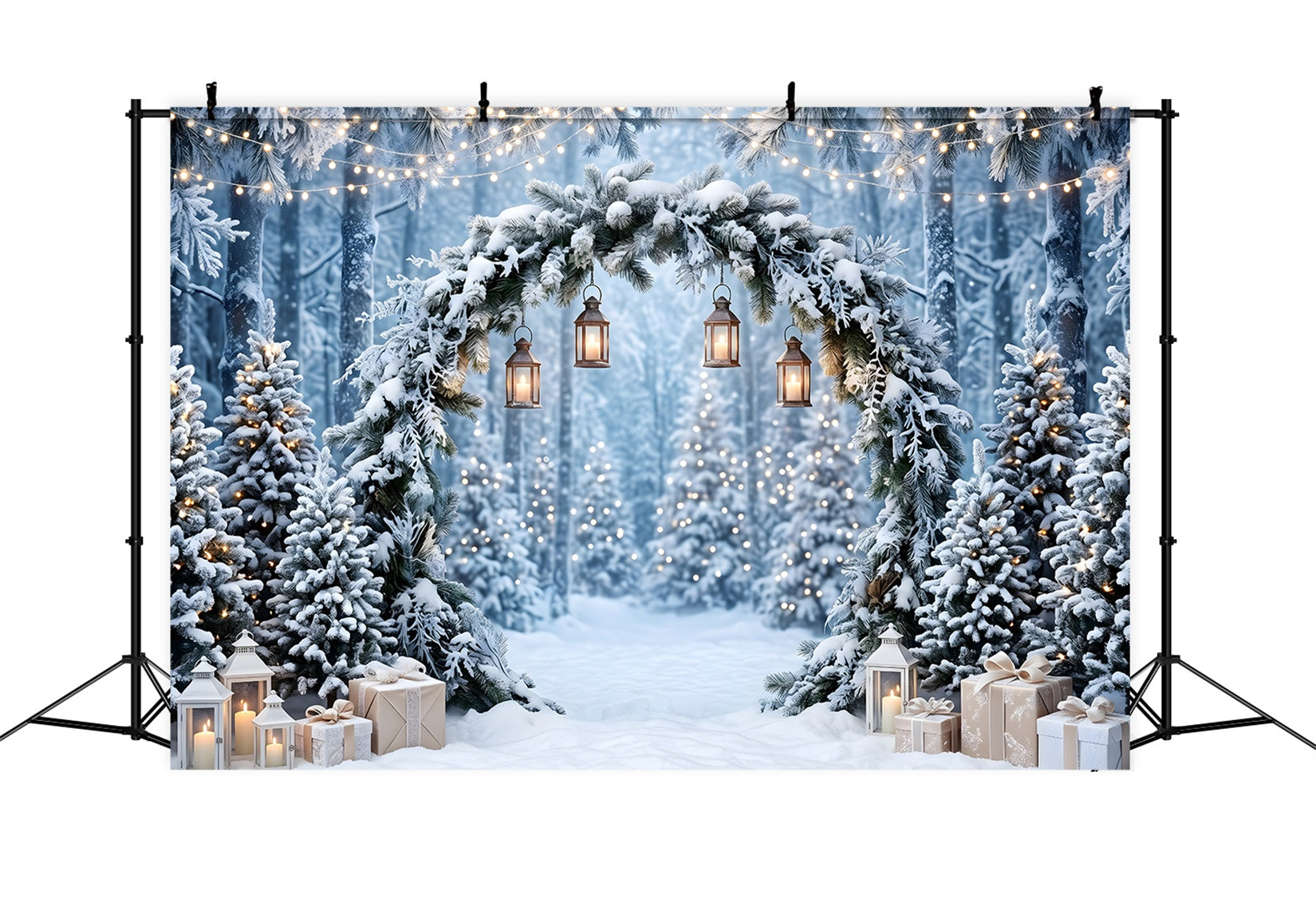 Toile de fond féerique de Noël avec arche de pins givrés et lanternes suspendues pour studio CEM65-183
