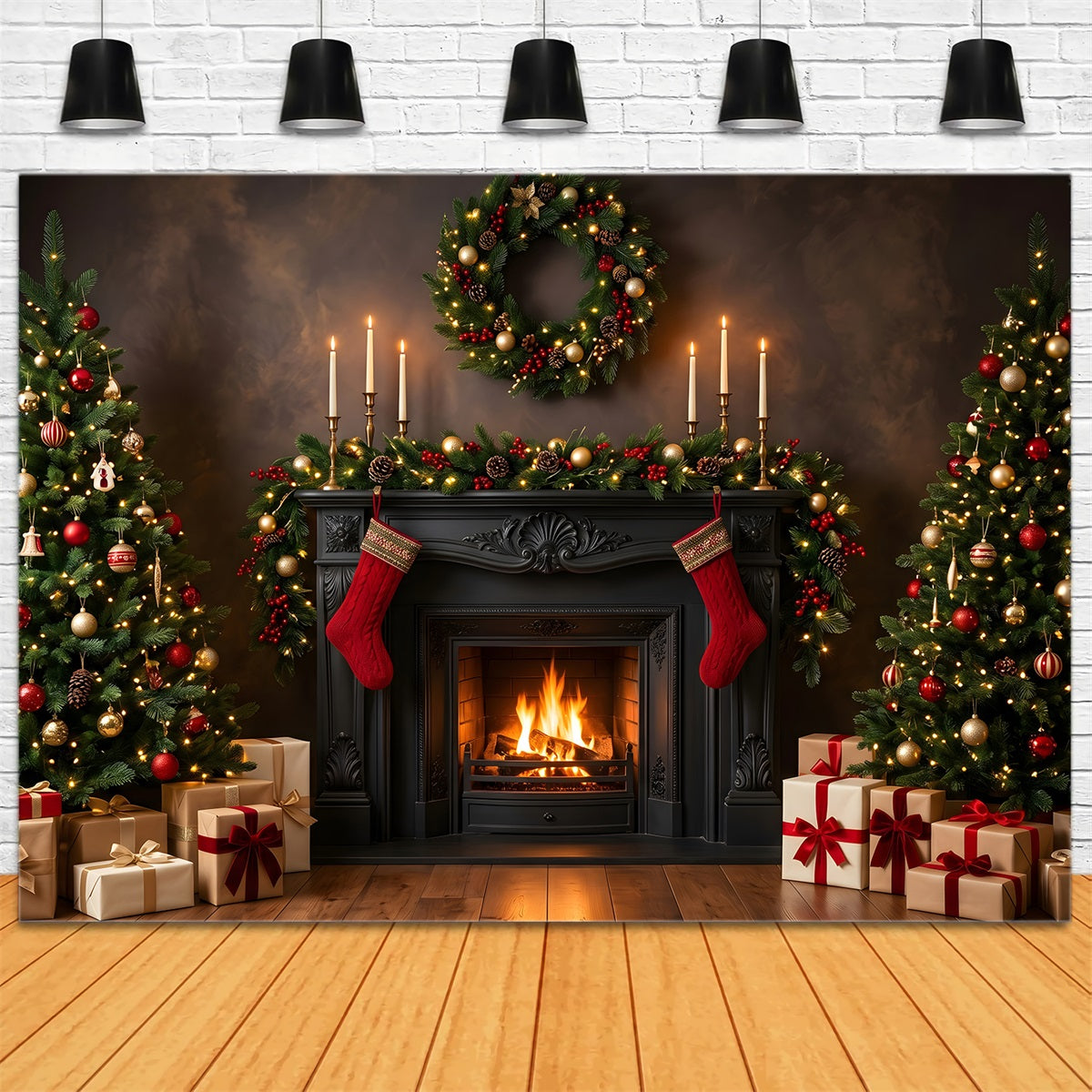 Toile de fond de Noël avec cheminée noire bougies et bas suspendus pour séance photo CEM65-184