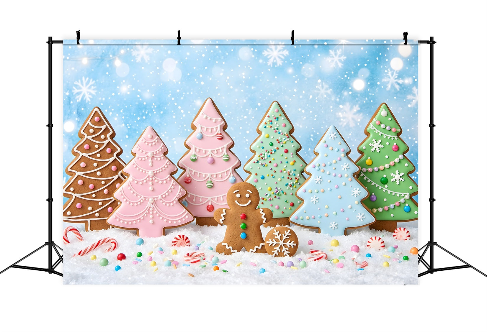 Toile de fond de Noël à faire soi-même avec biscuits en pain d’épices pastel et sapin féerique CEM65-188