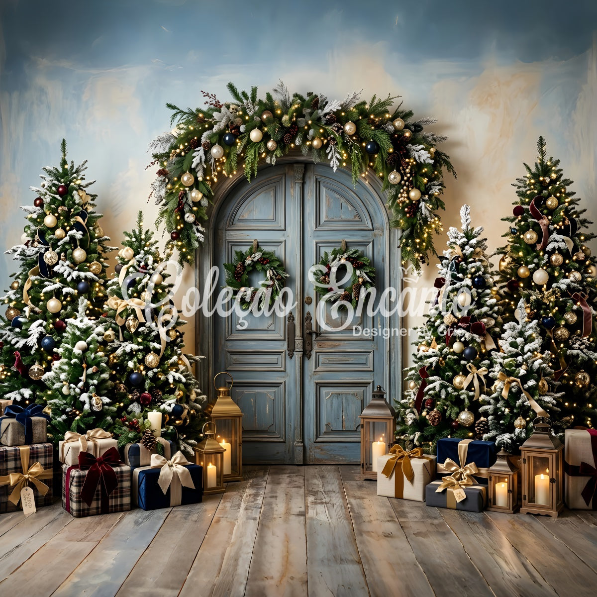 Toile de fond photo de Noël avec porte bleue rétro et sapins givrés CEM65-192