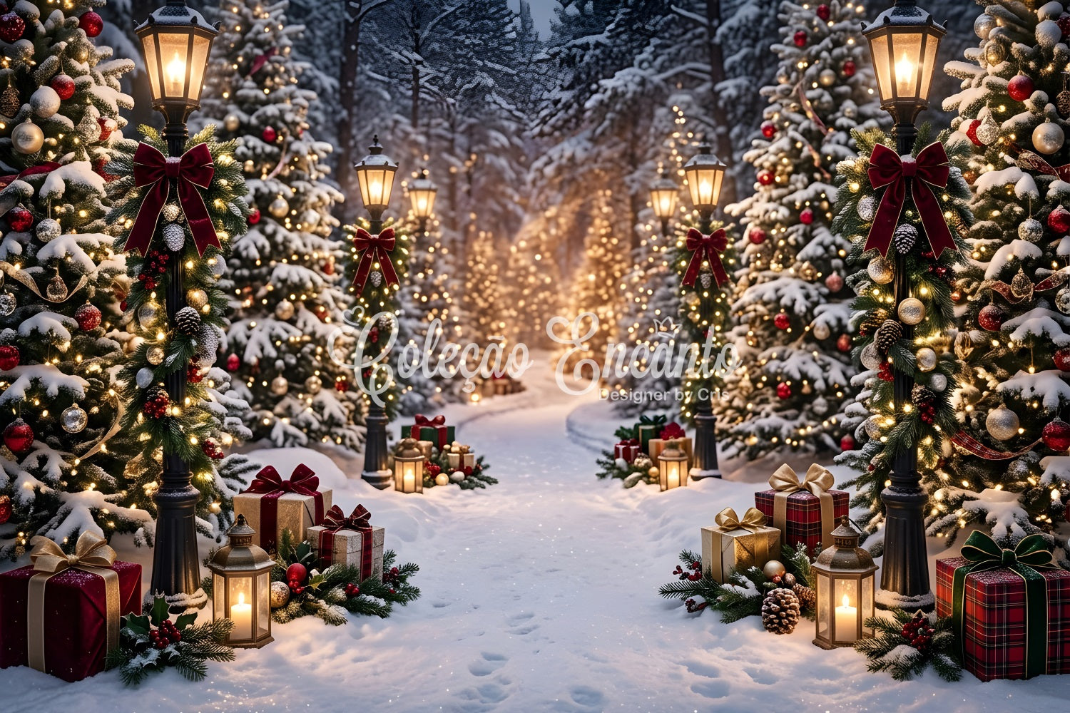 Toile de fond extérieure de Noël avec lanternes enneigées forêt et chemin de cadeaux CEM65-193