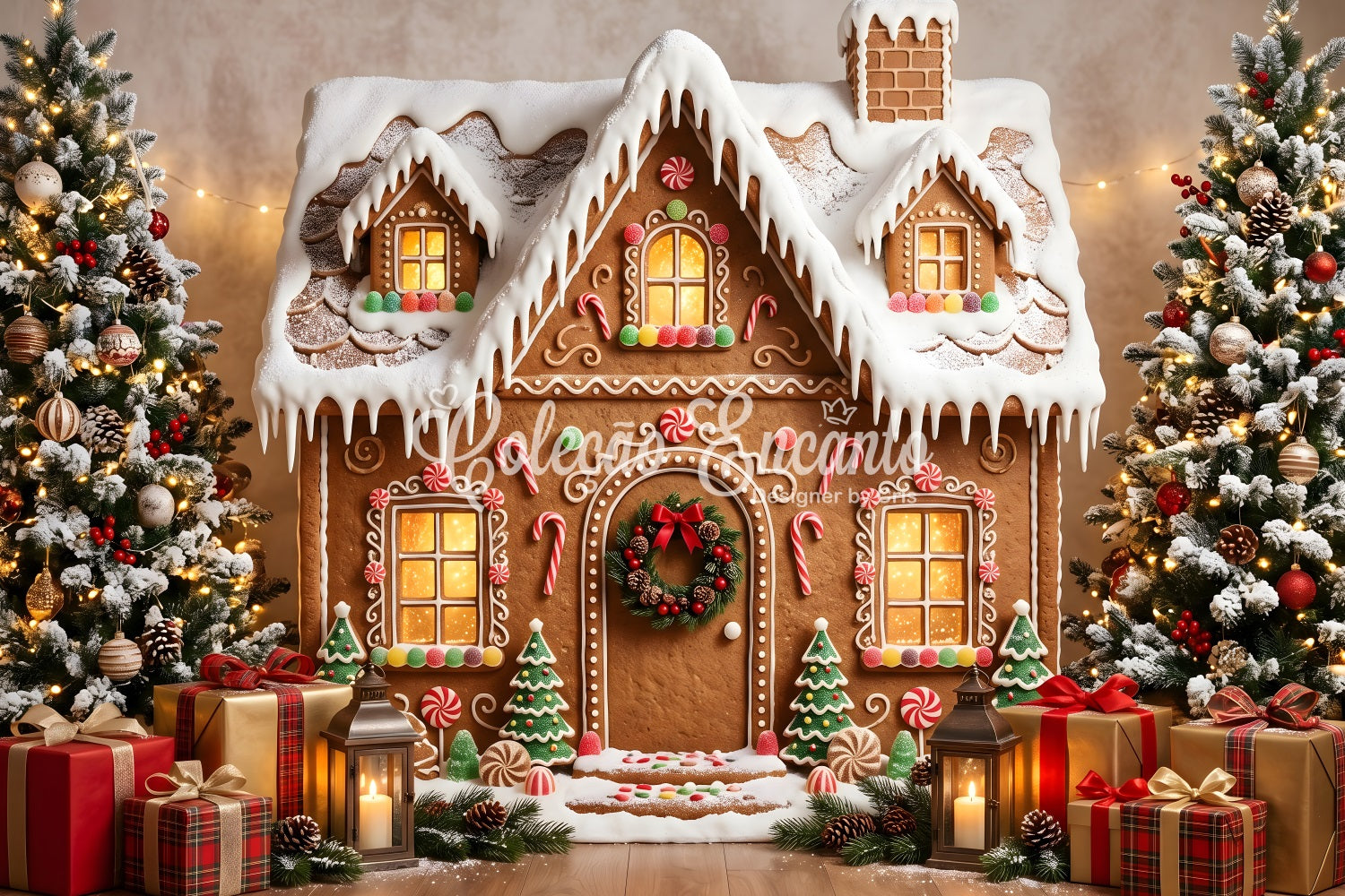 Toile de fond de Noël en pain d’épices avec maison enneigée et cadeaux CEM65-198
