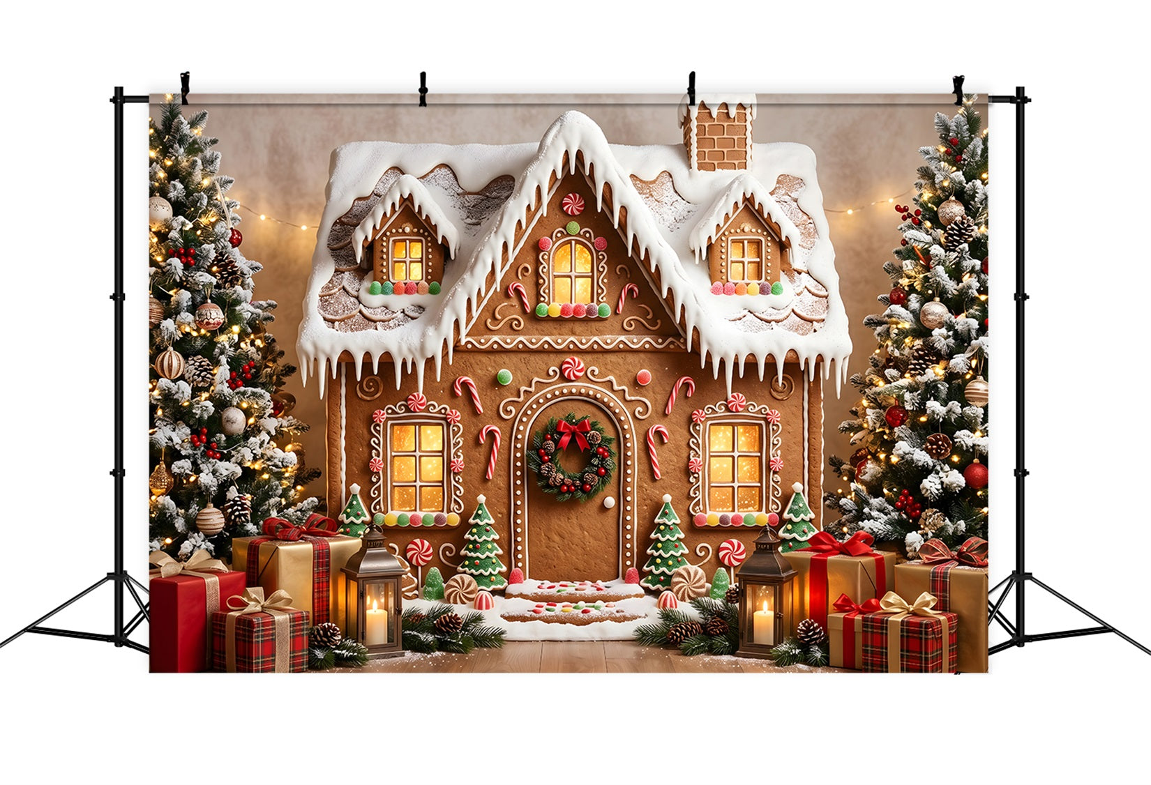 Toile de fond de Noël en pain d’épices avec maison enneigée et cadeaux CEM65-198