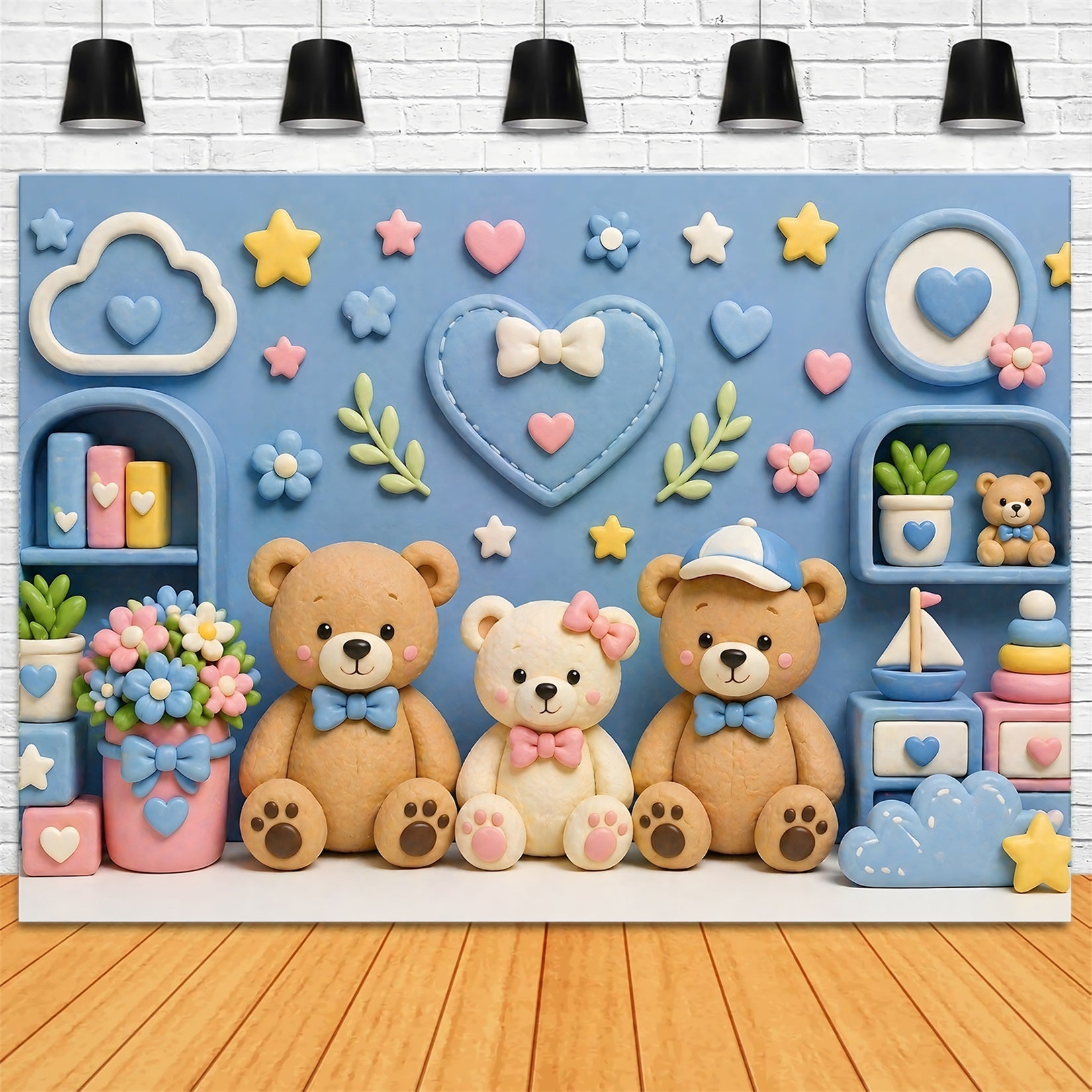 Toile de fond pour enfant et nouveau-né avec mur de chambre et ours en peluche pastel CEM65-2