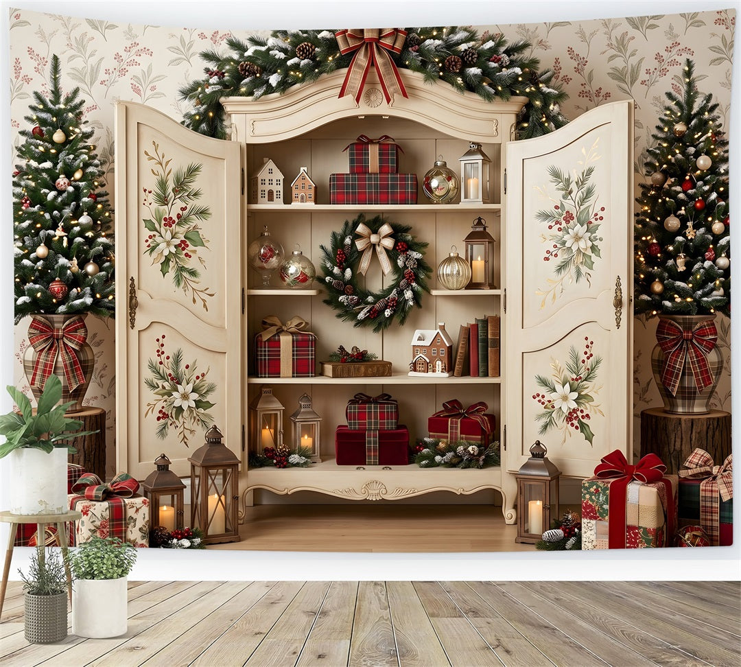 Toile de fond de Noël avec armoire fleurie ouverte et cadeaux CEM65-200