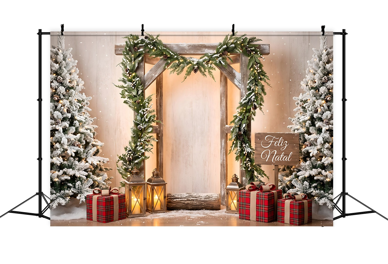 Toile de fond simple de Noël avec arche en bois givrée et lanterne CEM65-203