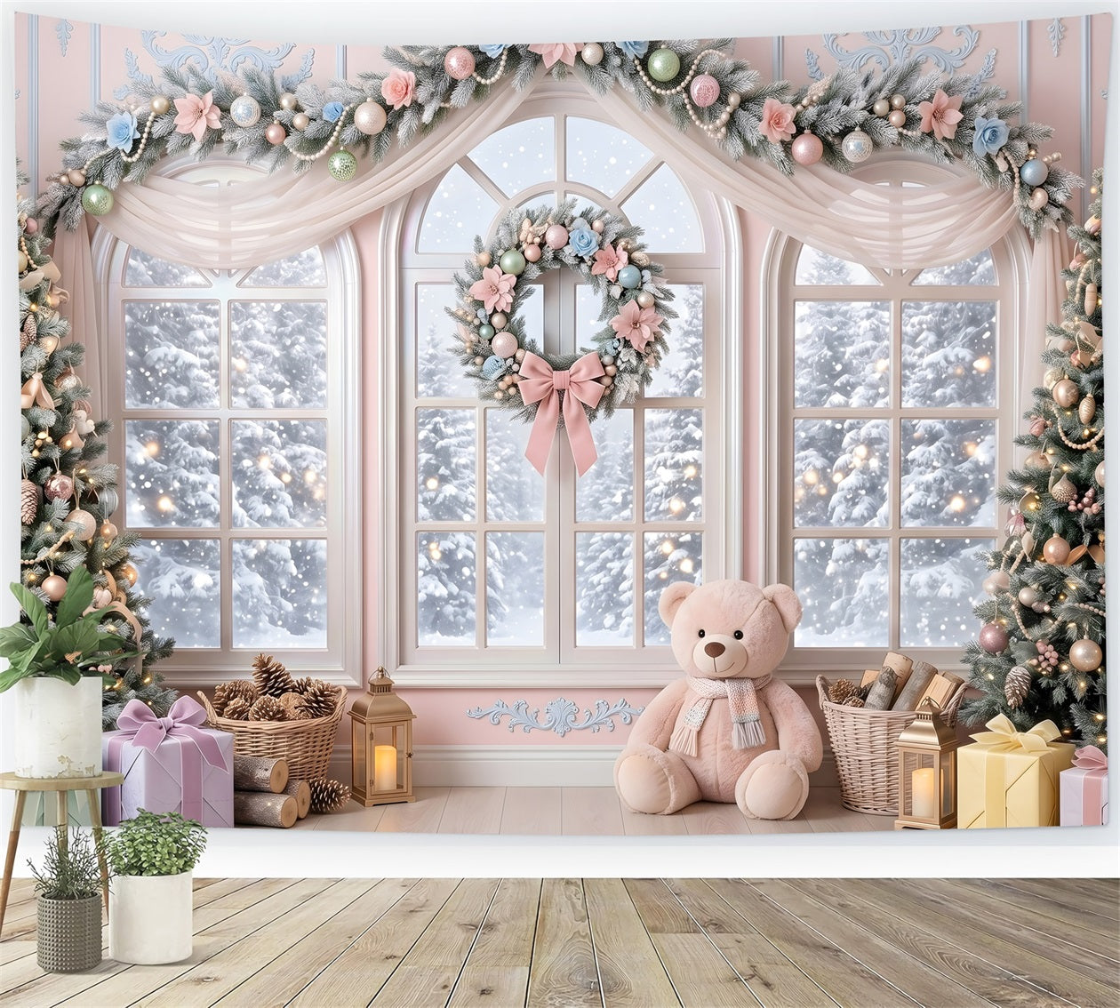 Toile de fond rose de Noël avec fenêtre fleurie pastel et ours en peluche CEM65-204