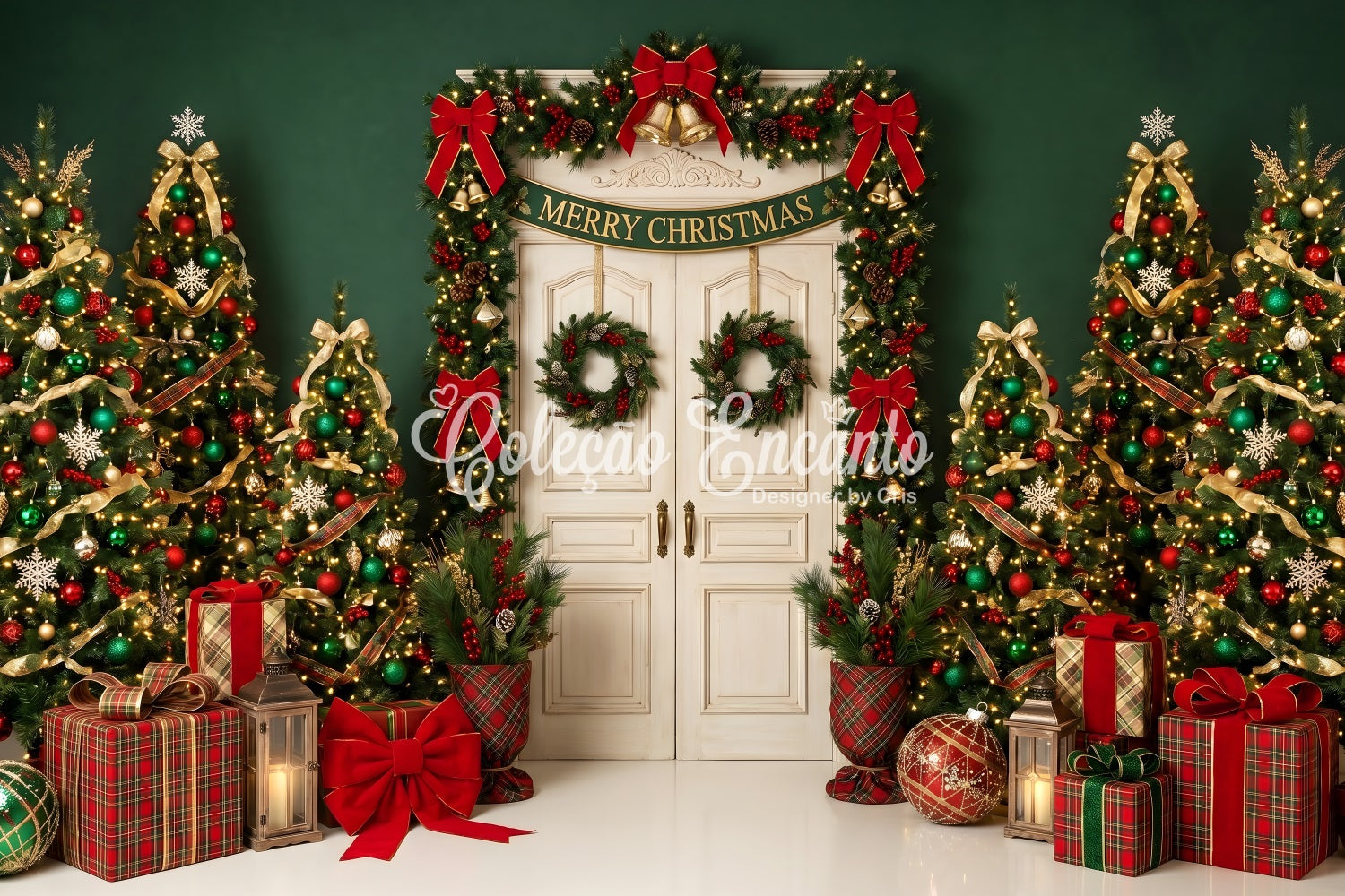 Toile de fond de Noël format 10 × 8 avec entrée émeraude et sapin festif CEM65-206