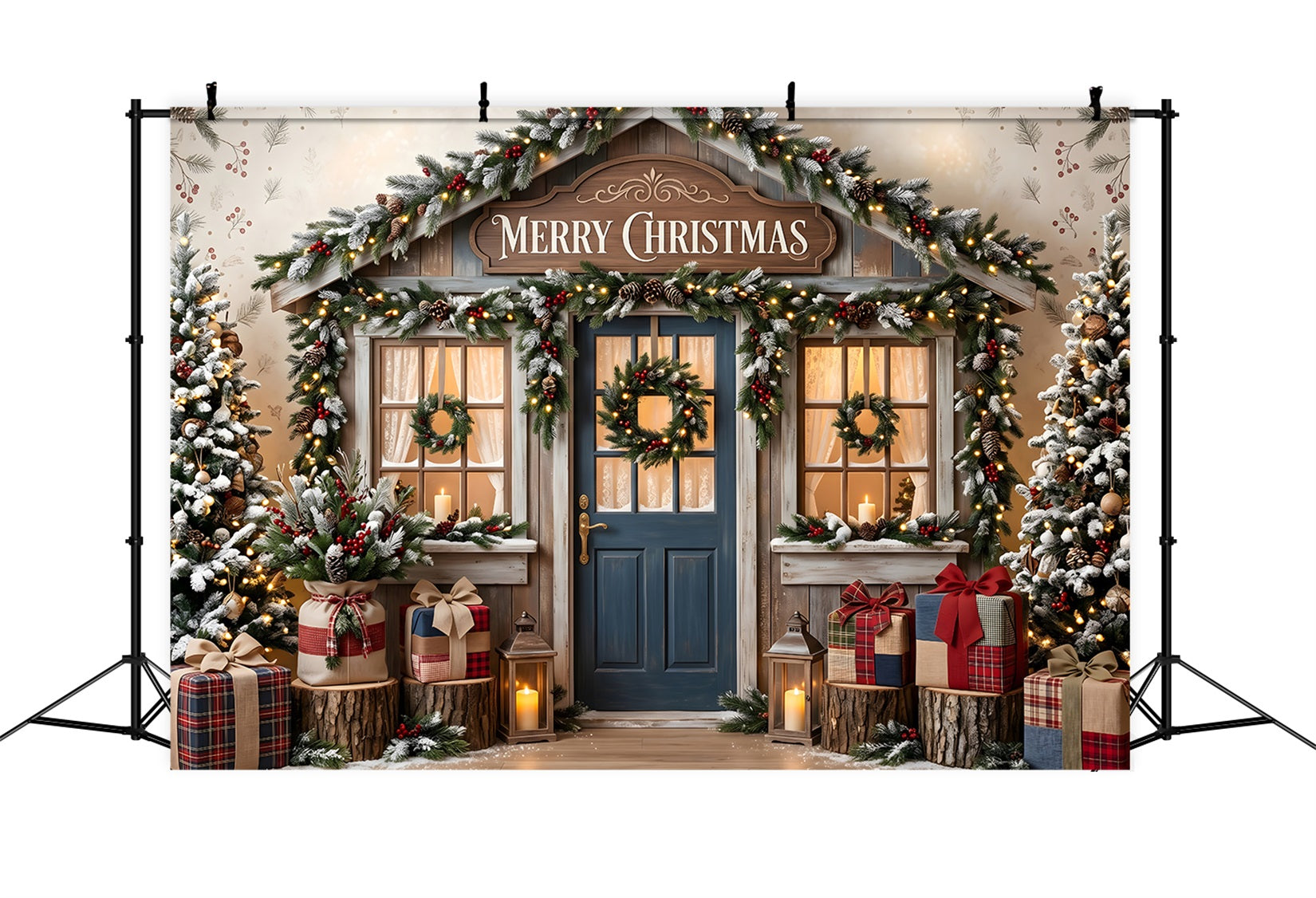 Toile de fond de boutique de Noël avec porte bleue rustique et couronne CEM65-209
