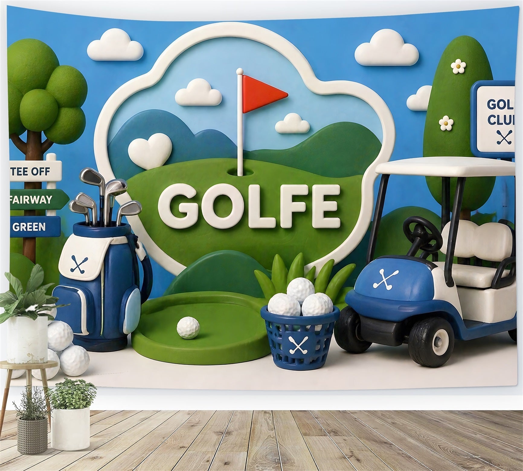 Toile de fond photo pour enfant avec parcours de golf voiturette et trophée CEM65-21