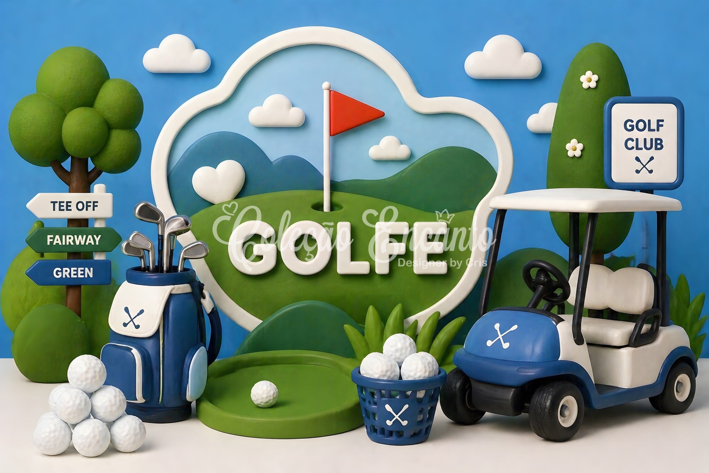 Toile de fond photo pour enfant avec parcours de golf voiturette et trophée CEM65-21