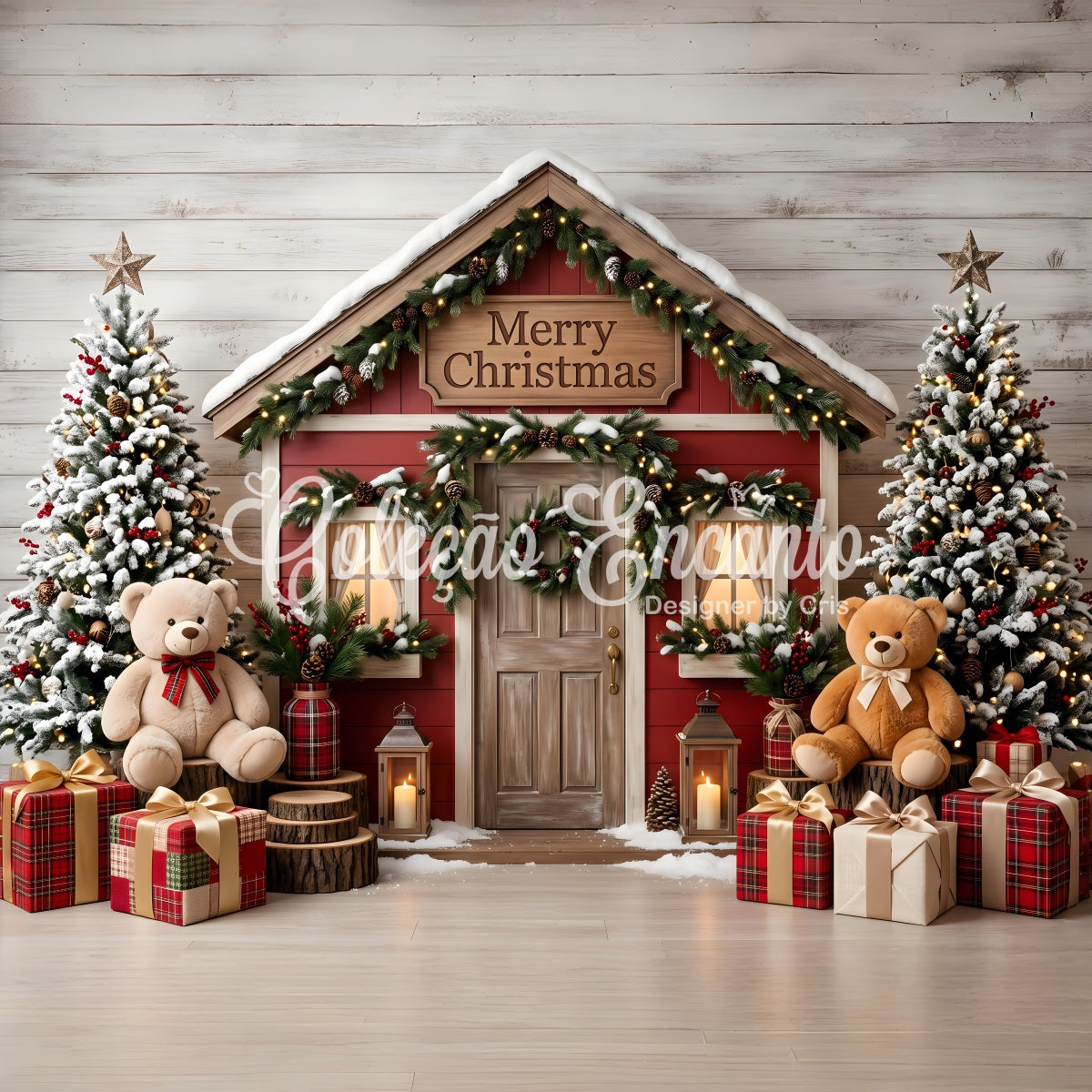 Toile de fond Joyeux Noël avec maison rouge enneigée et ours pour photomaton CEM65-210