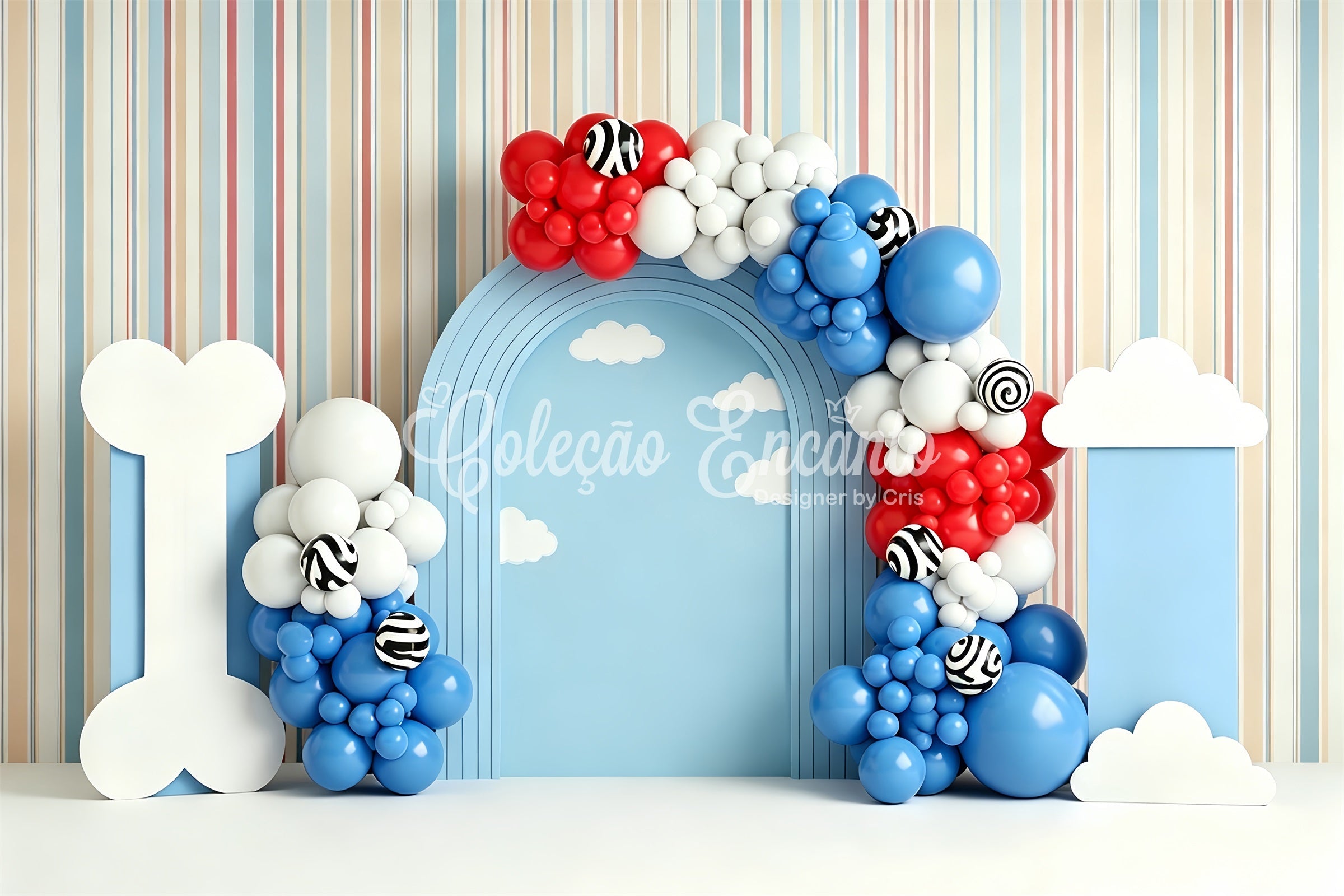 Toile de fond photo pour enfant avec chiot os nuages et arche de ballons CEM65-213