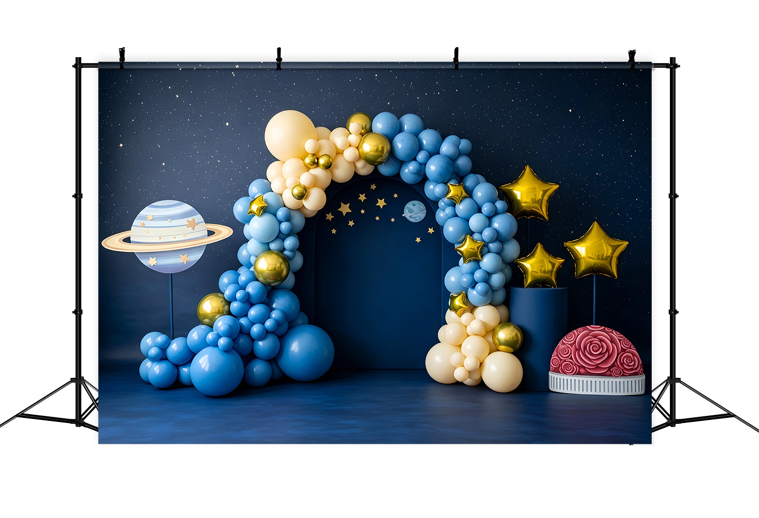 Toile de fond en tissu pour enfant avec planète étoilée et arche de ballons CEM65-214
