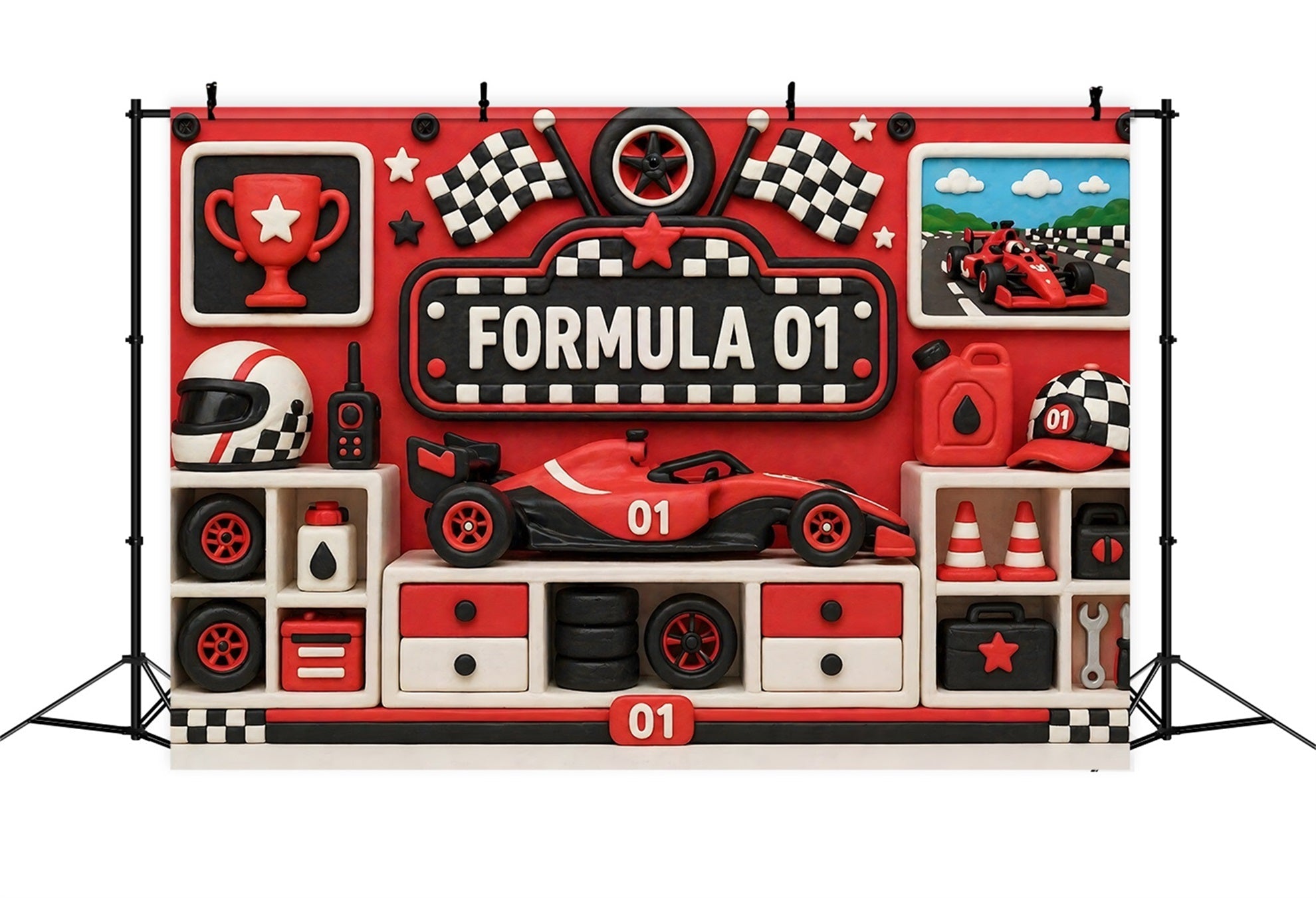Toile de fond photo pour enfant avec formule de course rouge trophée et mur de garage CEM65-23