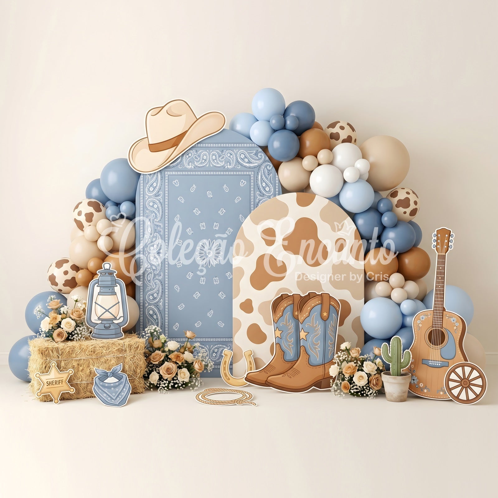 Toile de fond pour enfant avec ballons bleus et décor de cavalière de l’Ouest américain CEM65-24