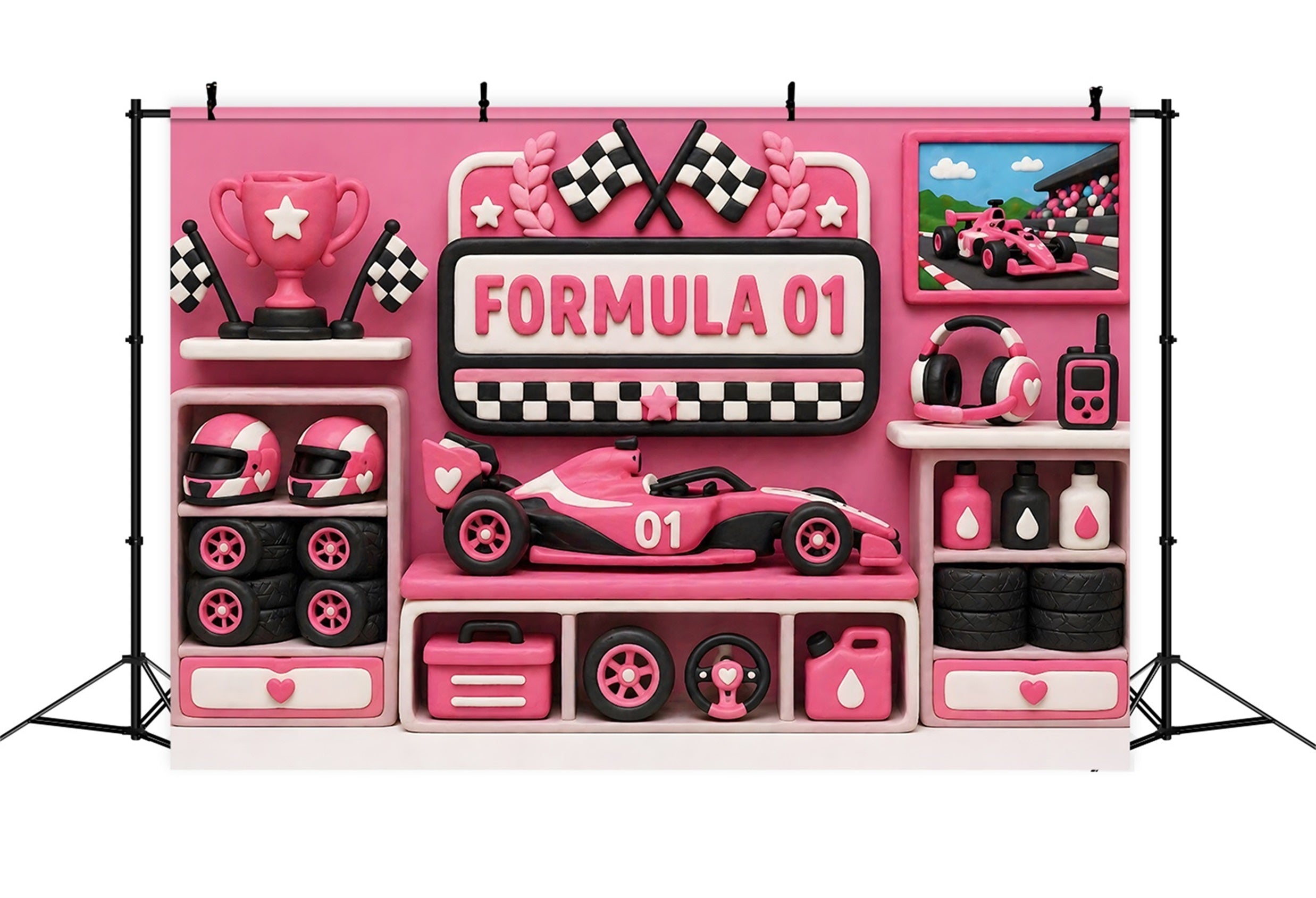 Toile de fond photo pour enfant et nouveau-né avec course rose trophée et garage CEM65-25
