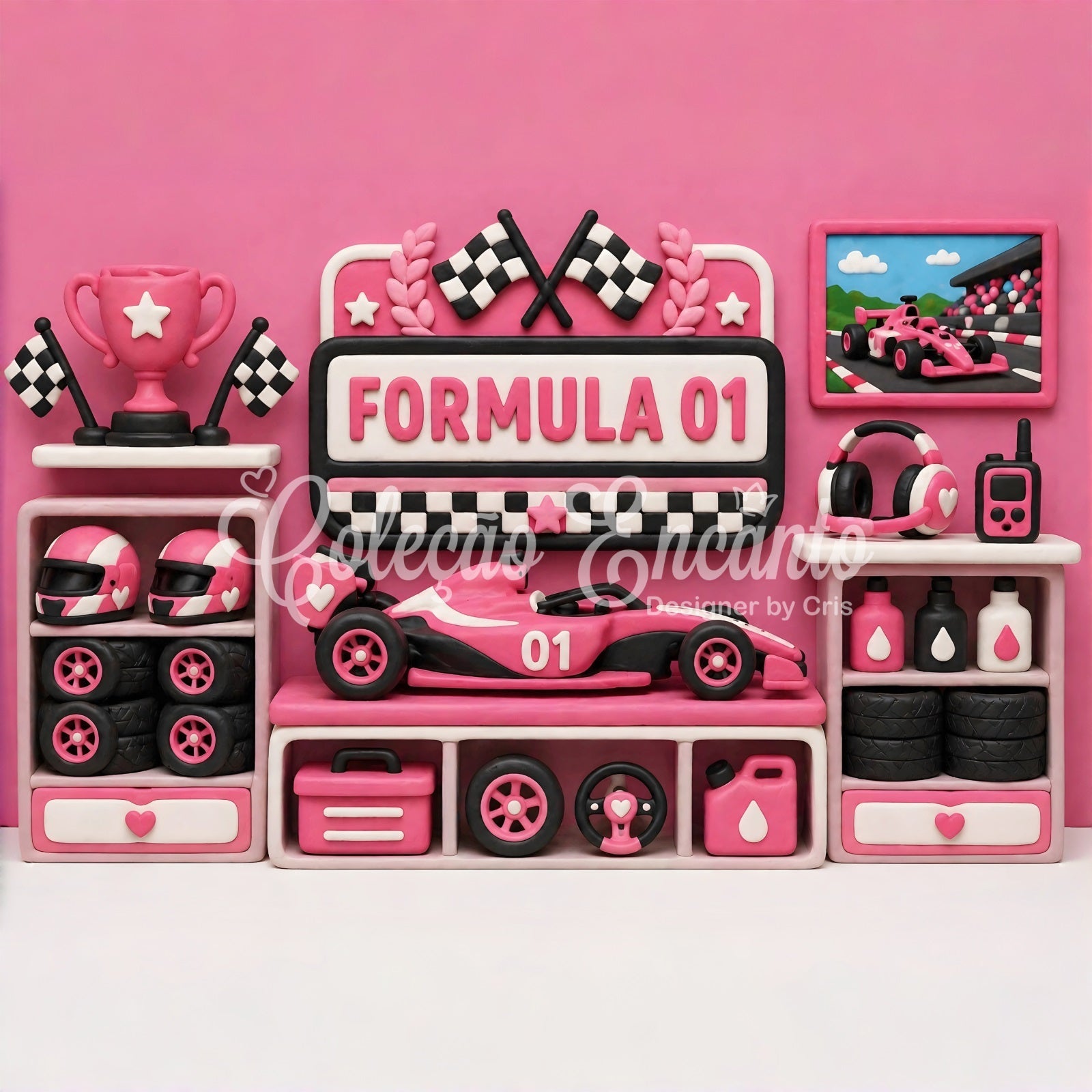 Toile de fond photo pour enfant et nouveau-né avec course rose trophée et garage CEM65-25