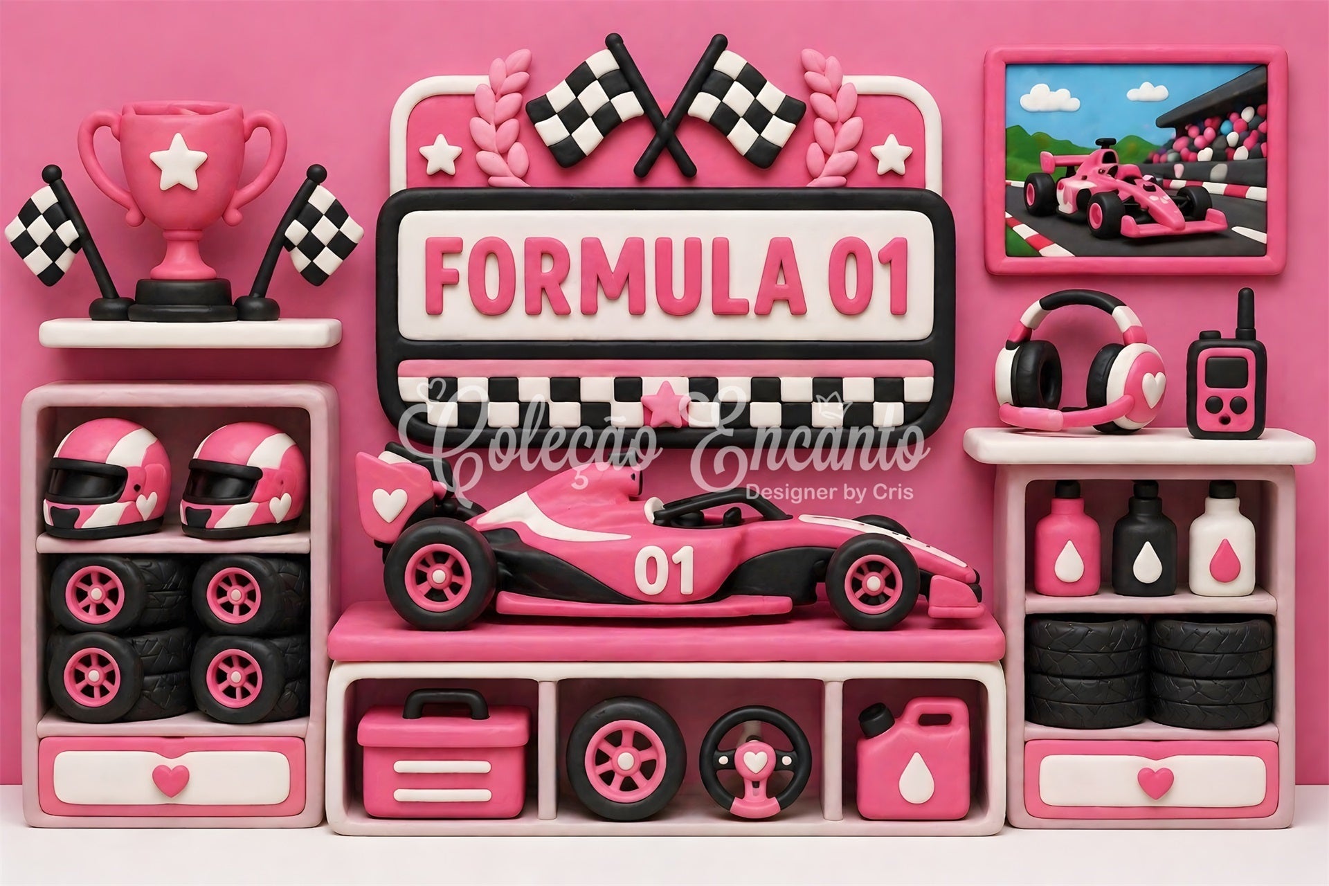 Toile de fond photo pour enfant et nouveau-né avec course rose trophée et garage CEM65-25