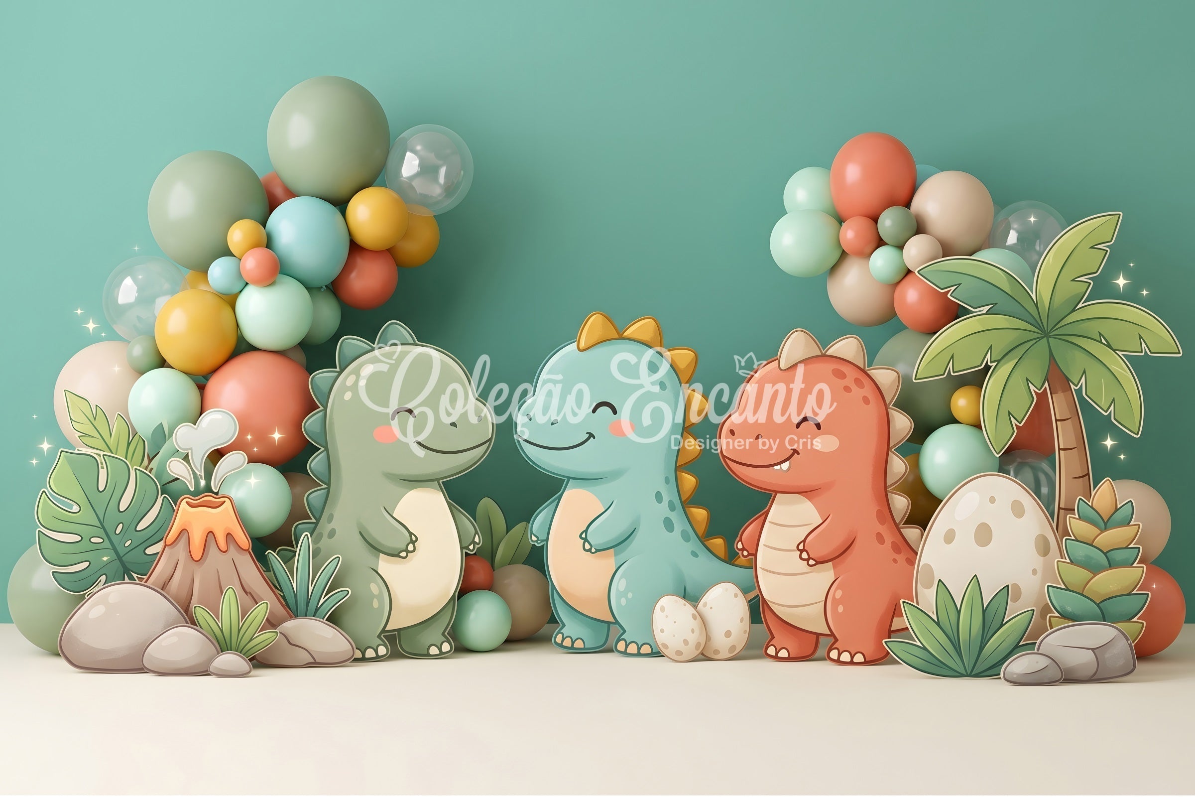 Toile de fond pour enfant avec dinosaure mignon volcan et ballons CEM65-26