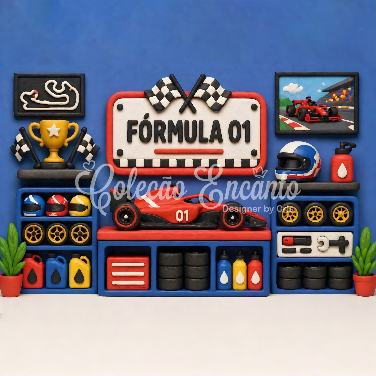 Toile de fond en tissu pour enfant avec garage de course bleu et trophée CEM65-27