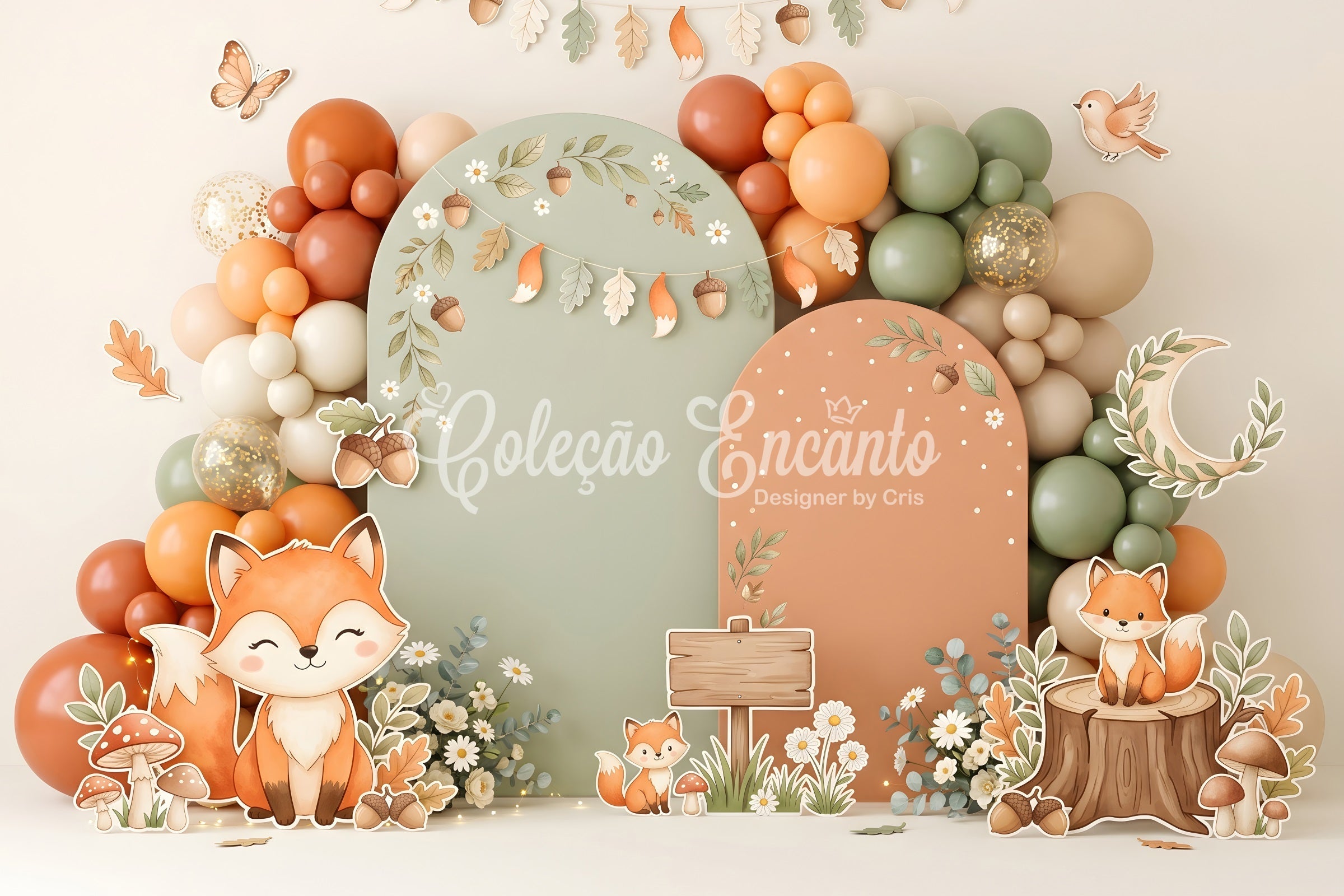 Toile de fond photo pour enfant avec renard d’automne forêt et arche de ballons CEM65-28