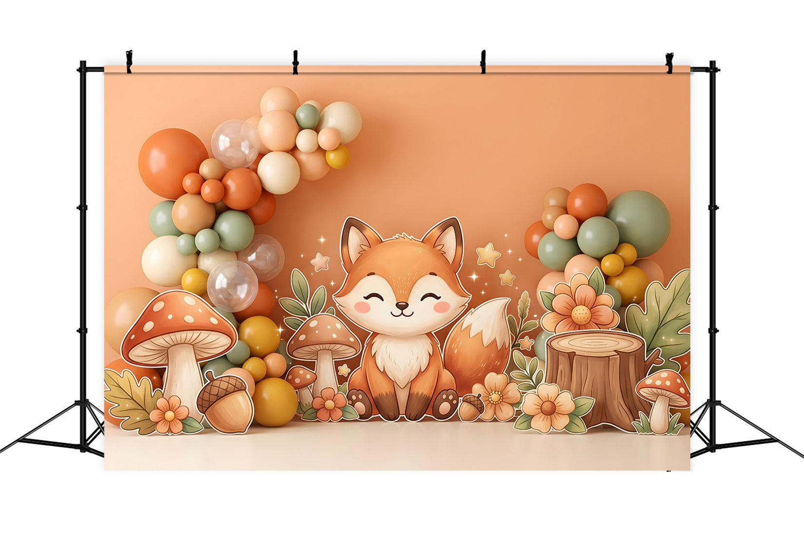 Toile de fond pour enfant et nouveau-né avec renard d’automne champignons et ballons CEM65-29