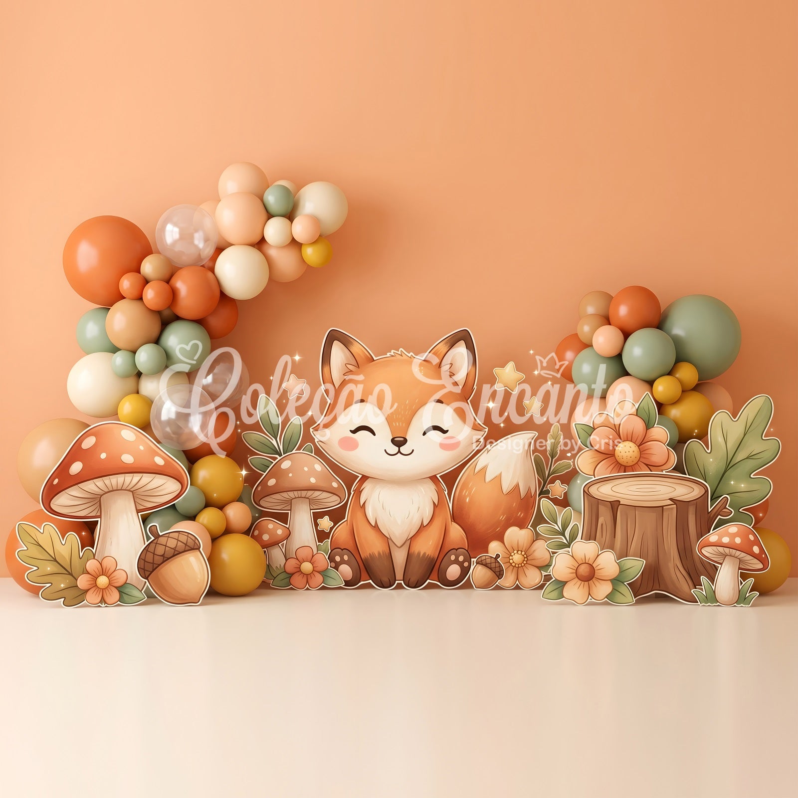 Toile de fond pour enfant et nouveau-né avec renard d’automne champignons et ballons CEM65-29