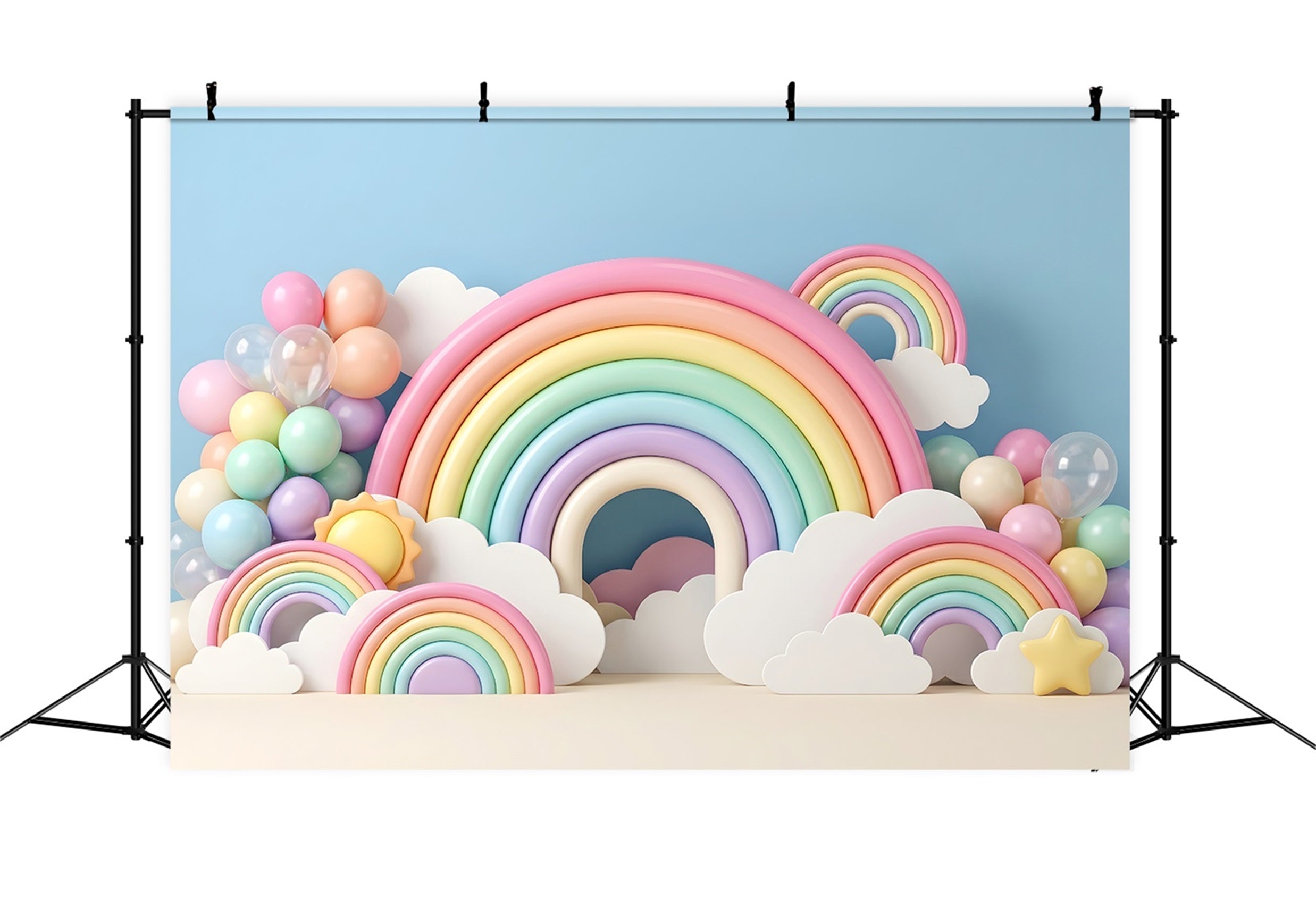 Toile de fond photo pour enfant et nouveau-né avec arc-en-ciel pastel nuages et arche de ballons CEM65-34