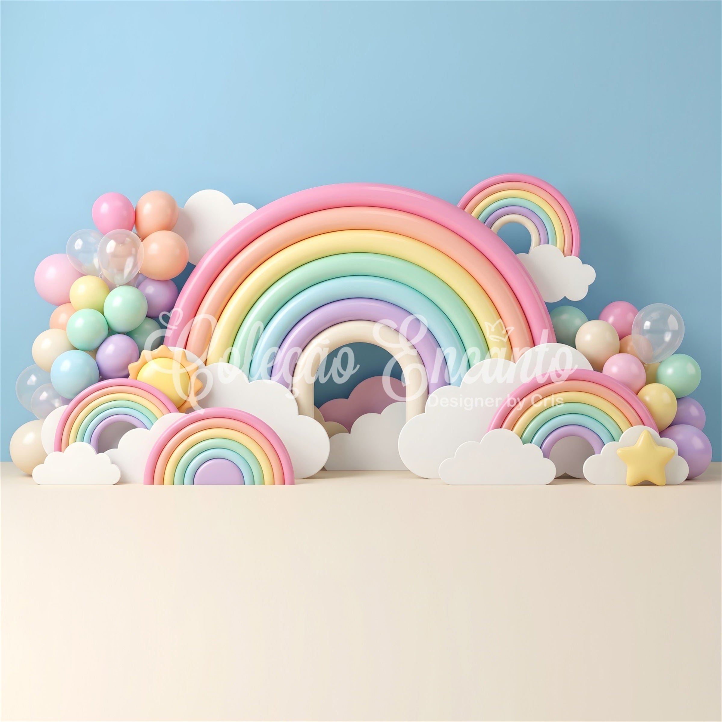 Toile de fond photo pour enfant et nouveau-né avec arc-en-ciel pastel nuages et arche de ballons CEM65-34