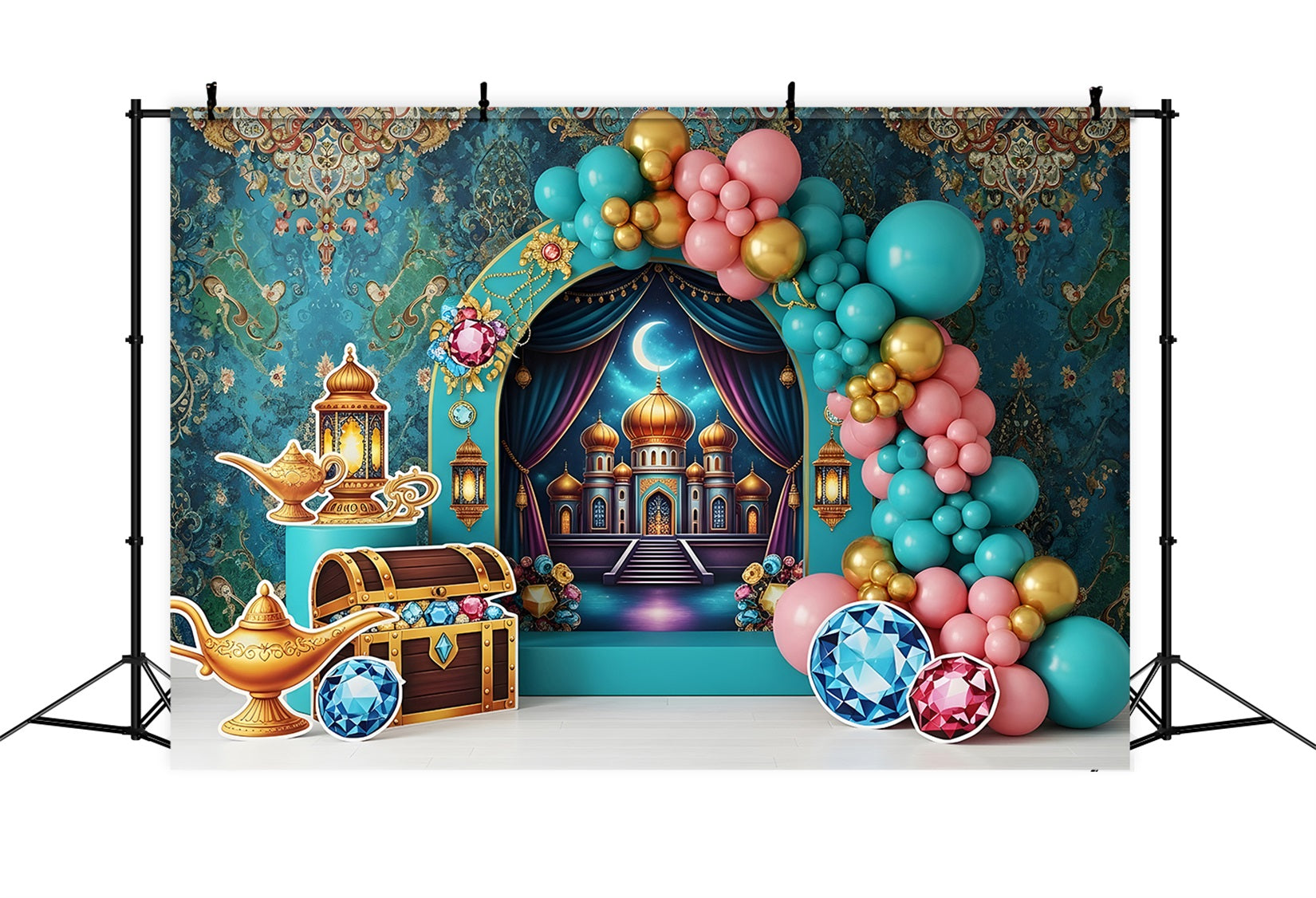 Toile de fond pour enfant avec palais arabe trésor et arche de ballons CEM65-38