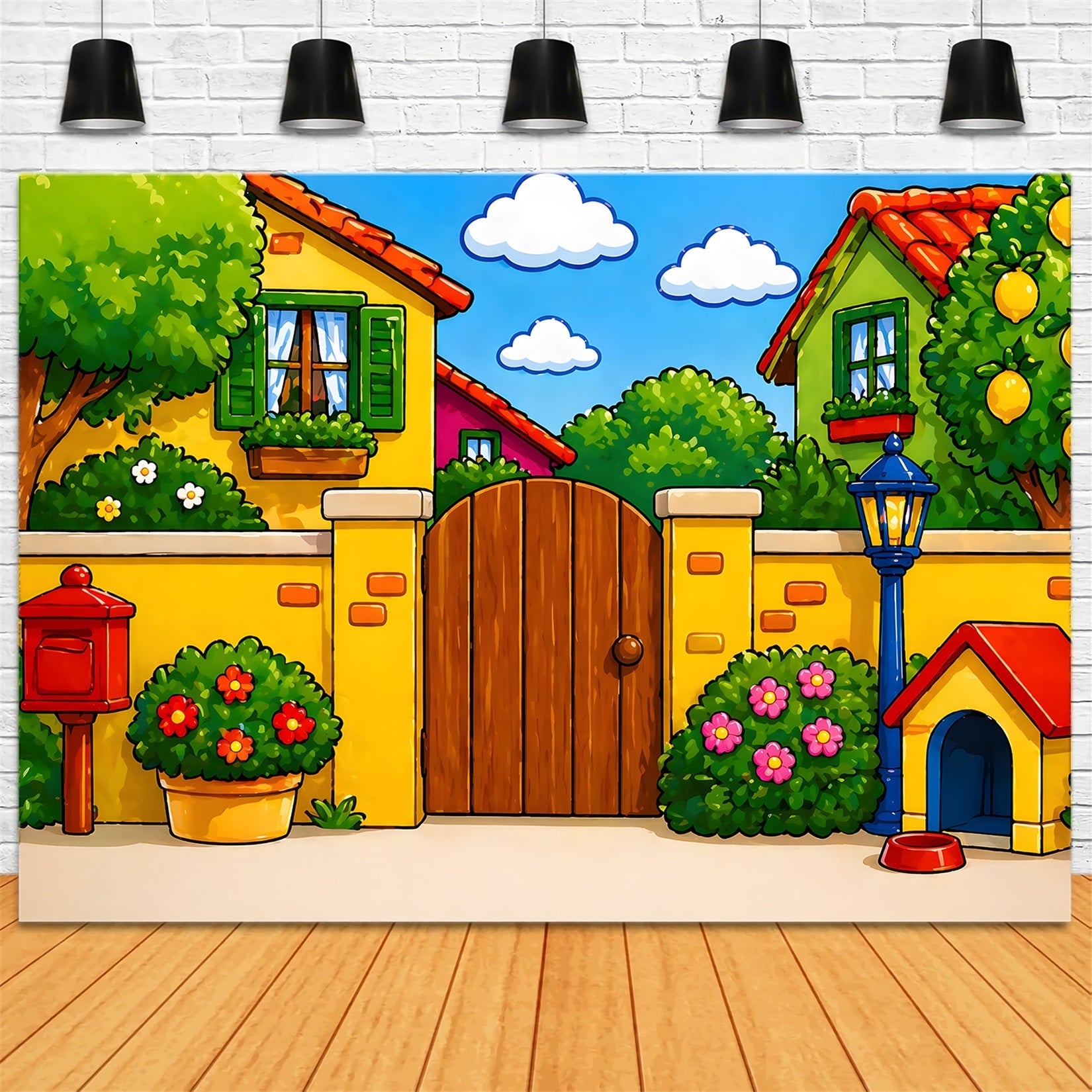 Toile de fond pour nouveau-né avec jardin ensoleillé façon dessin animé et animaux familiers CEM65-4