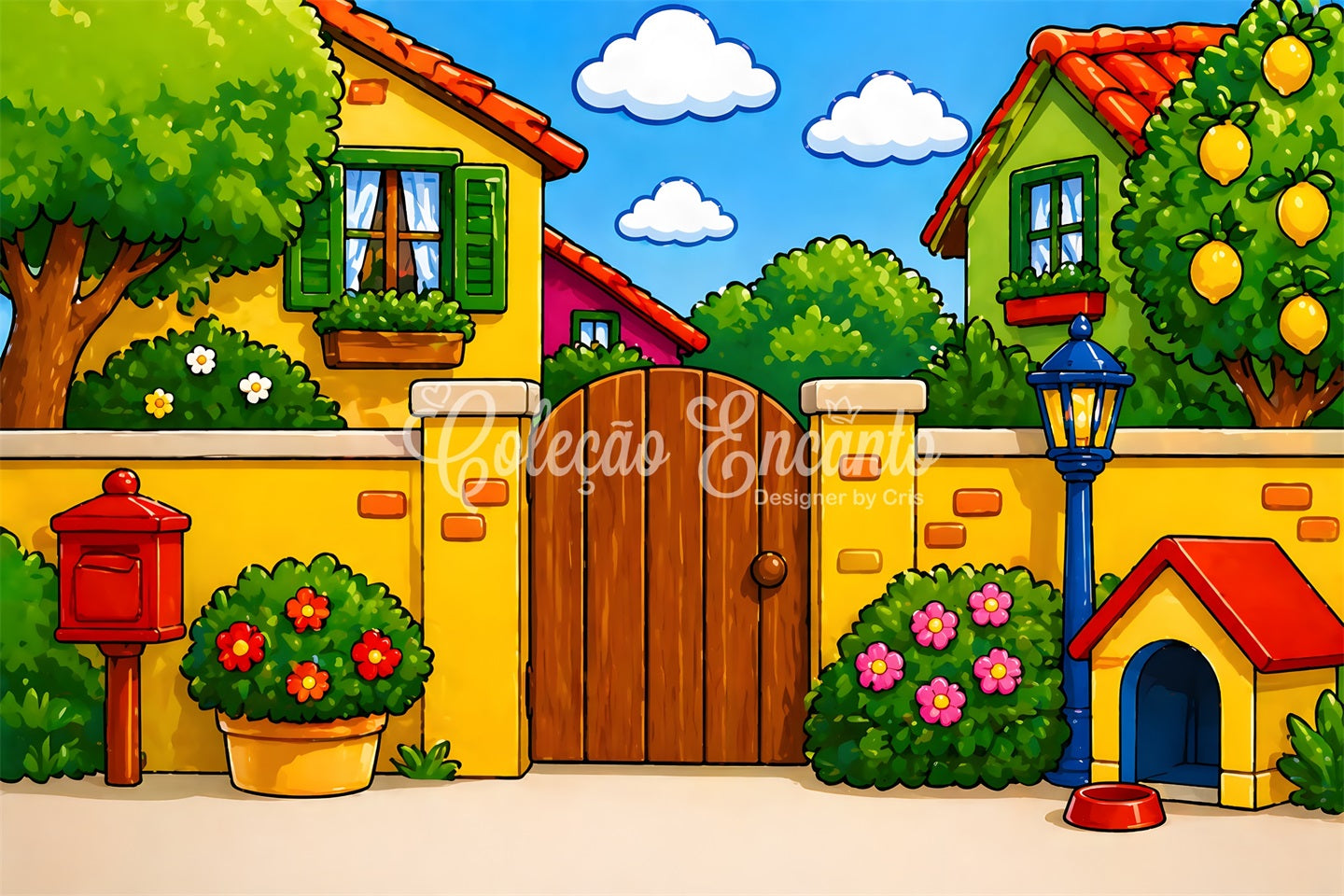 Toile de fond pour nouveau-né avec jardin ensoleillé façon dessin animé et animaux familiers CEM65-4