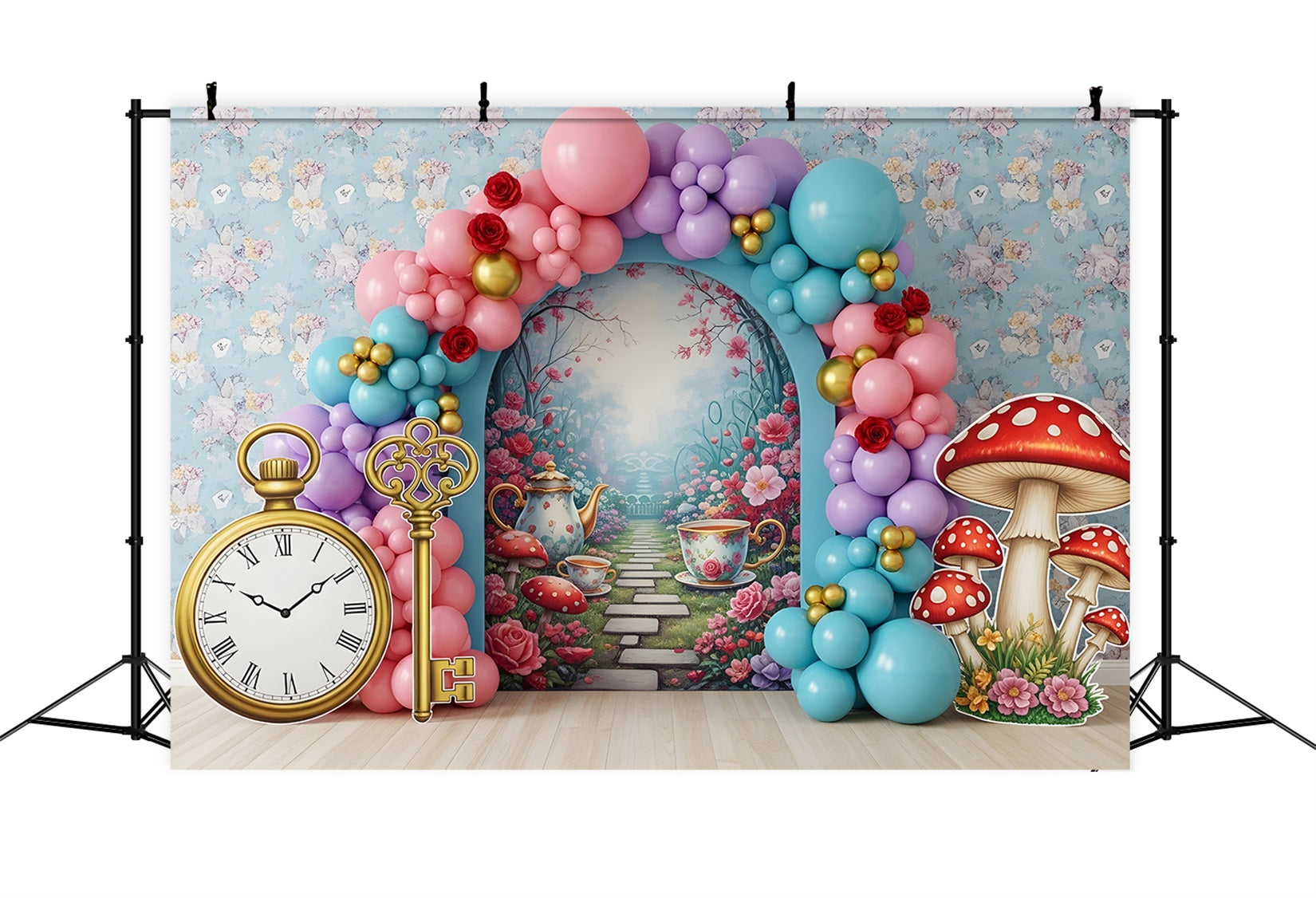 Toile de fond photo pour enfant avec jardin du pays des merveilles thé et arche de ballons CEM65-42