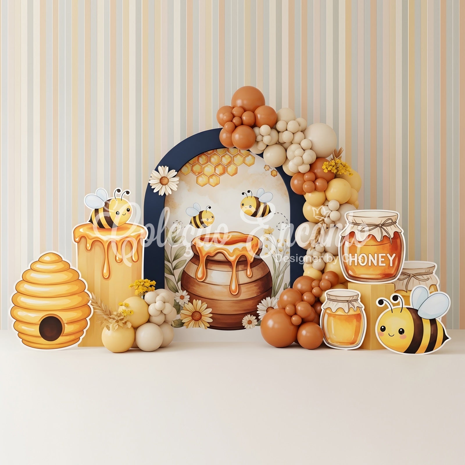Toile de fond pour enfant avec abeille ruche et arche de ballons CEM65-43