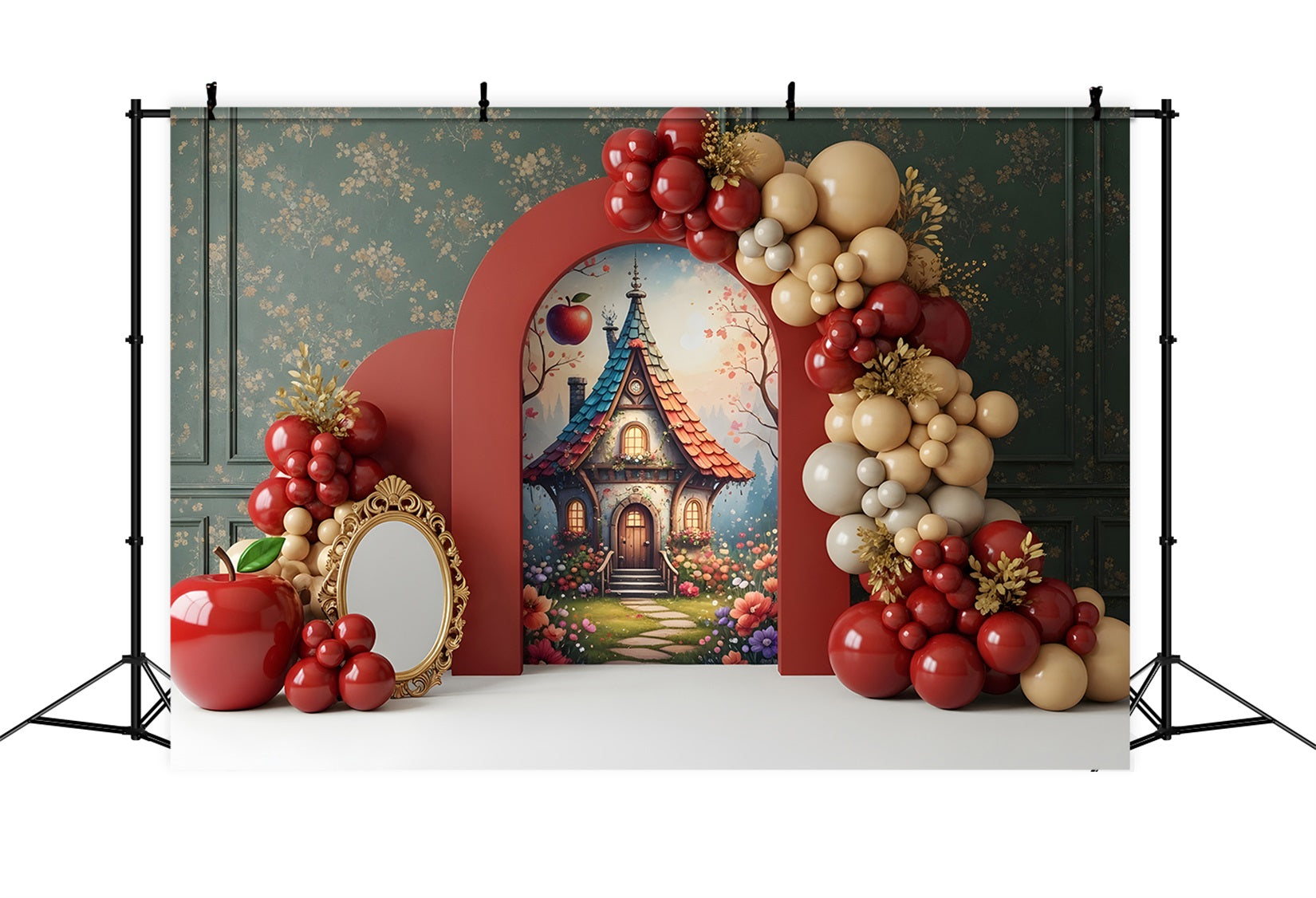 Toile de fond photo pour nouveau-né et enfant avec maison féerique pommes et arche de ballons CEM65-44