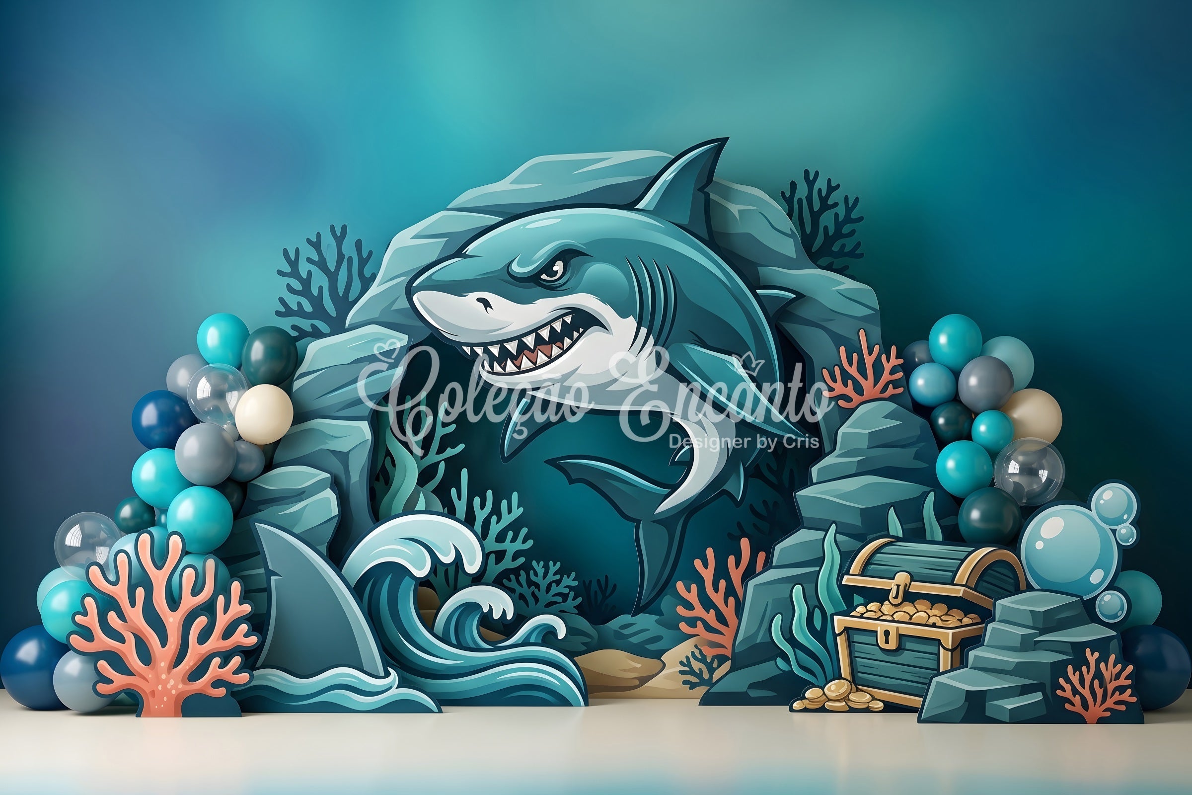 Toile de fond pour enfant avec requin océan trésor coraux et grotte CEM65-48