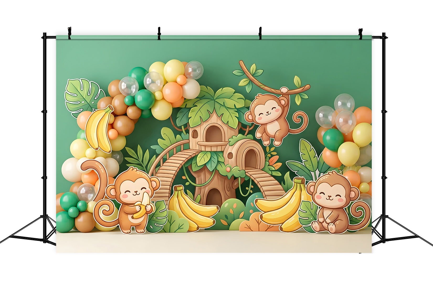 Toile de fond photo pour bébé avec jungle singe bananier et cabane dans les arbres CEM65-49