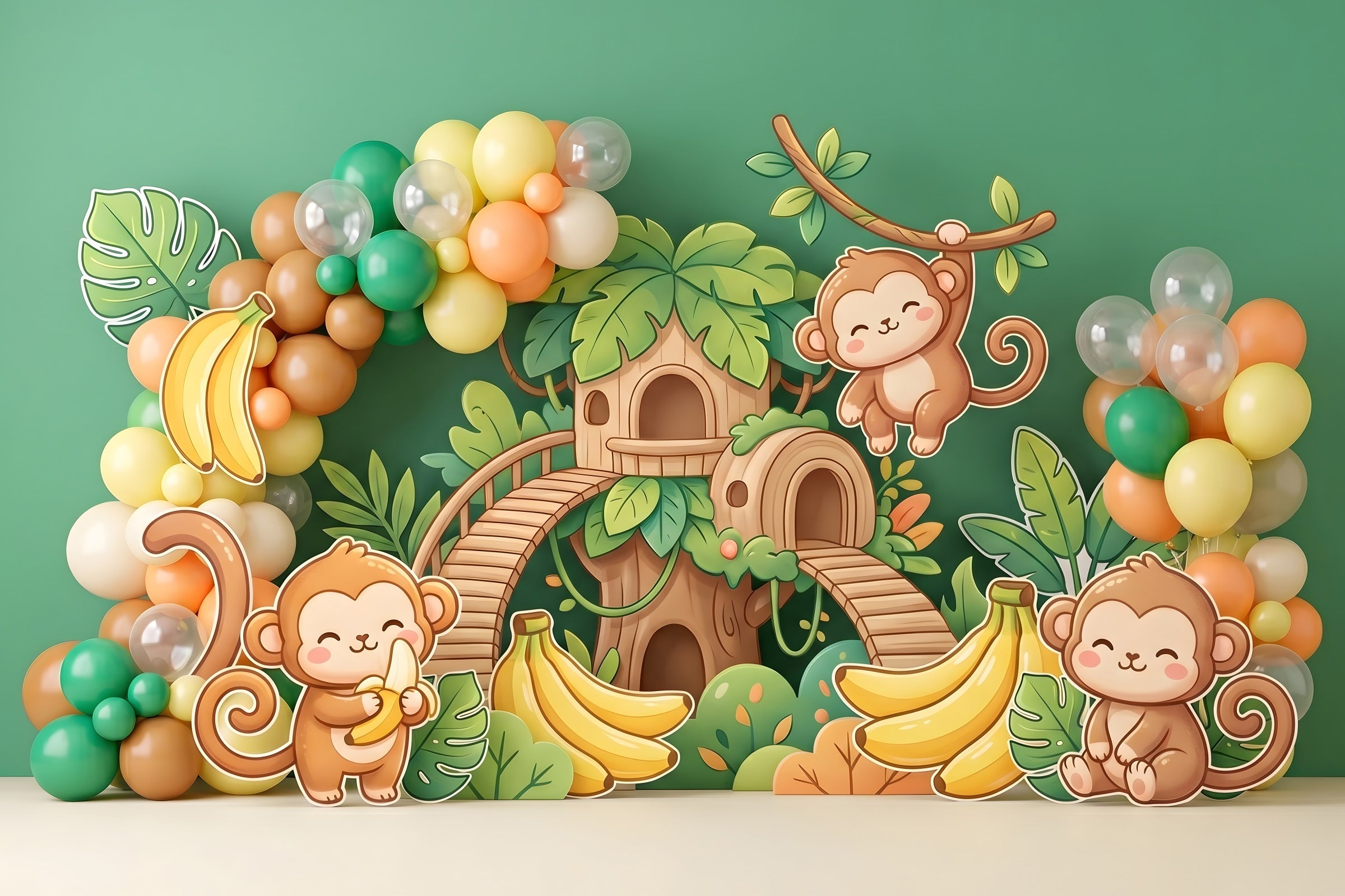 Toile de fond photo pour bébé avec jungle singe bananier et cabane dans les arbres CEM65-49