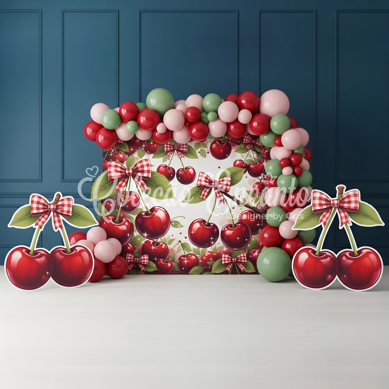 Toile de fond photo pour nouveau-né avec arche de ballons et nœud cerise CEM65-5