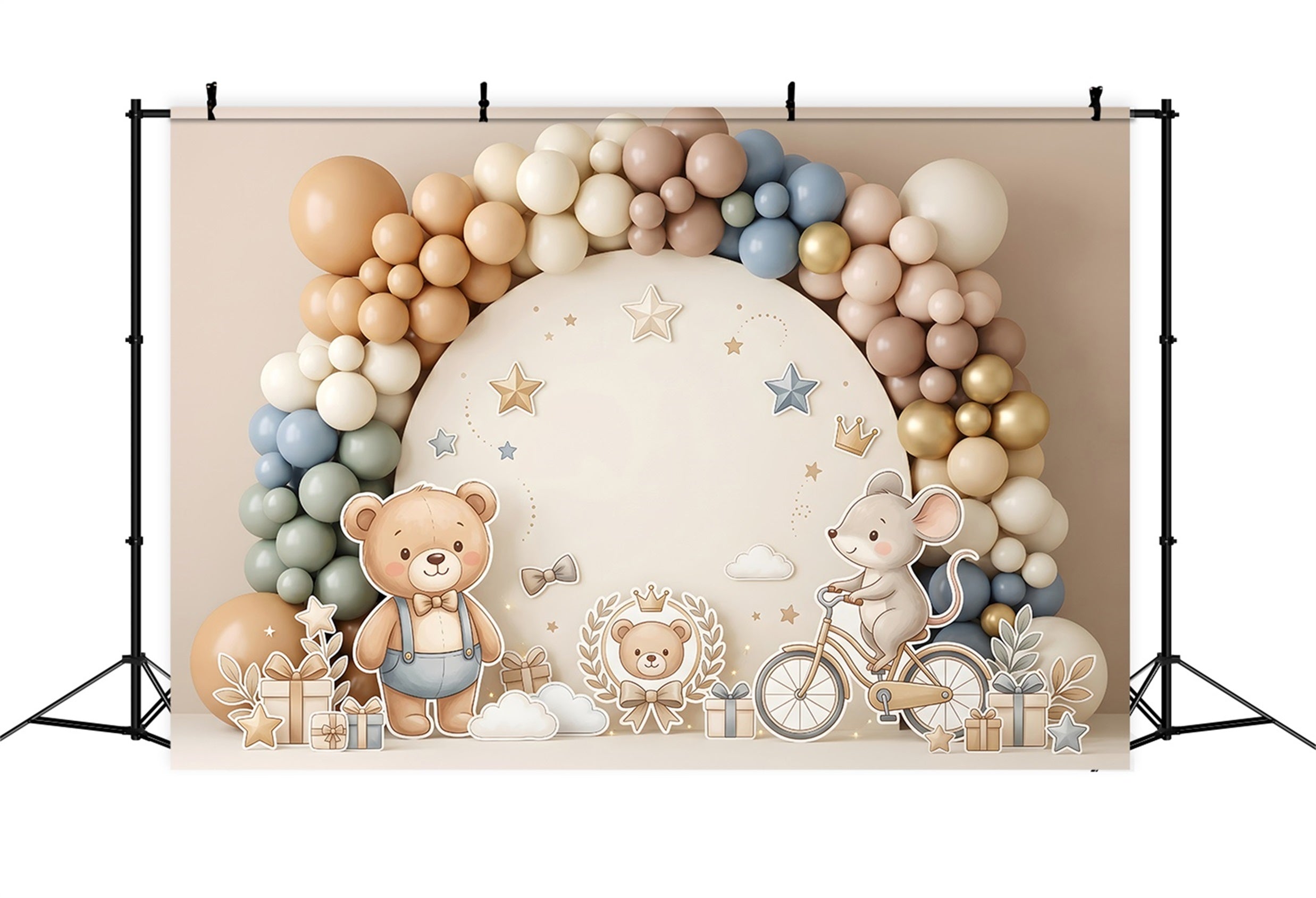 Toile de fond photo pour enfant avec ours souris vélo cadeaux et ballons CEM65-52
