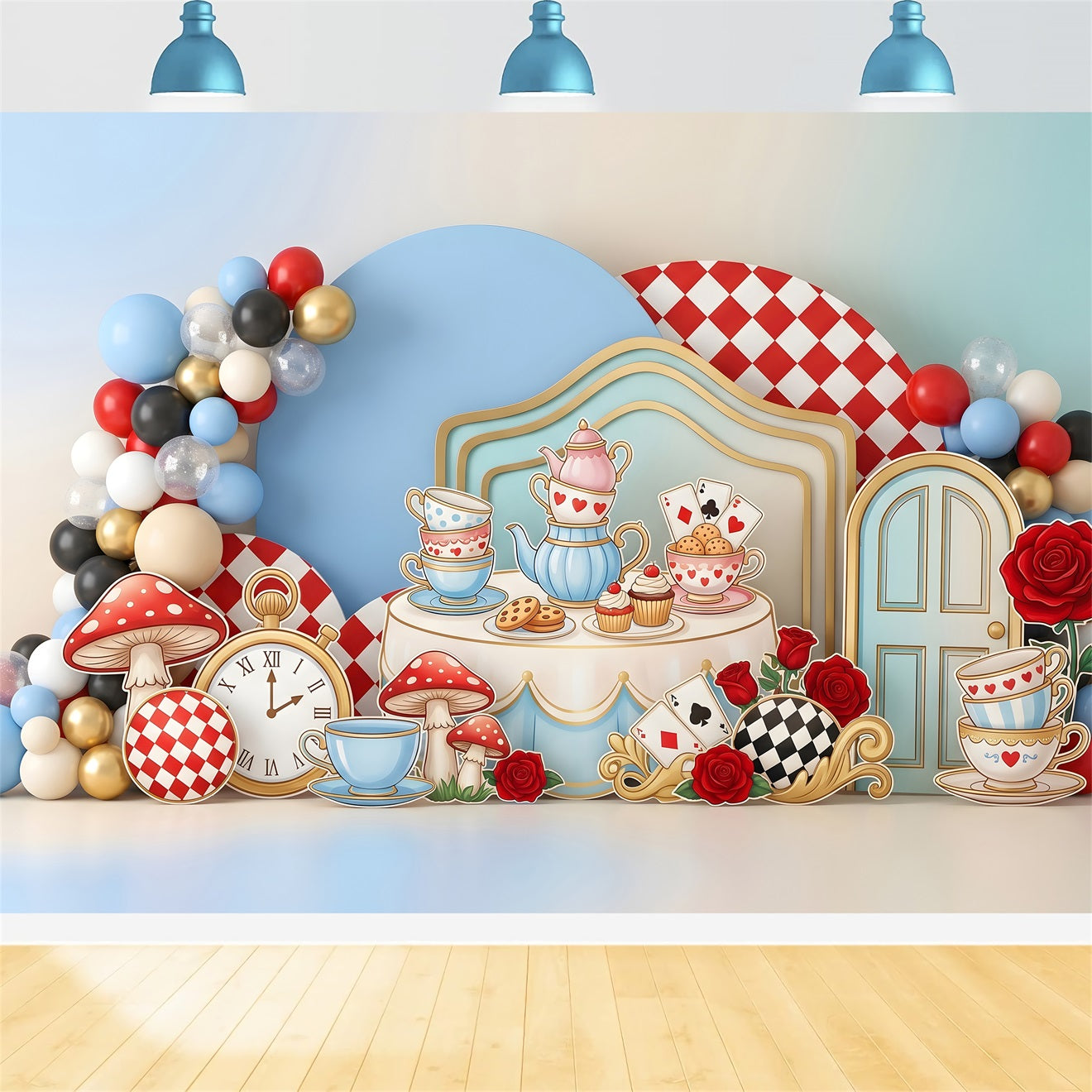 Toile de fond en tissu pour nouveau-né avec goûter du pays des merveilles et ballons CEM65-53