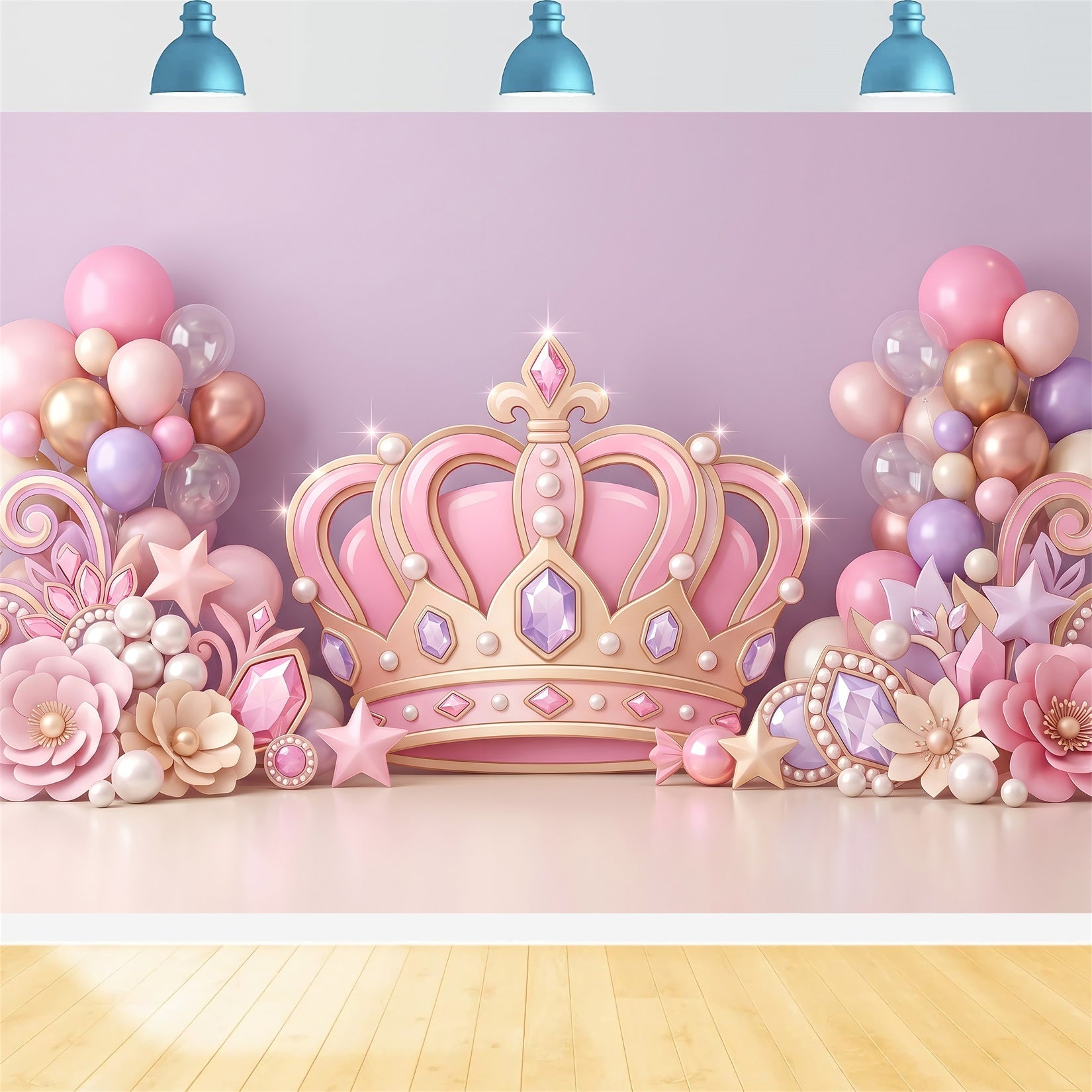 Toile de fond pour enfant avec princesse rose couronne bijoux et ballons CEM65-54