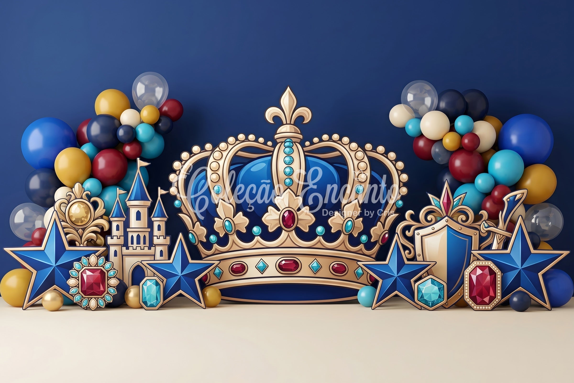 Toile de fond photo pour enfant avec château royal bleu et couronne CEM65-55