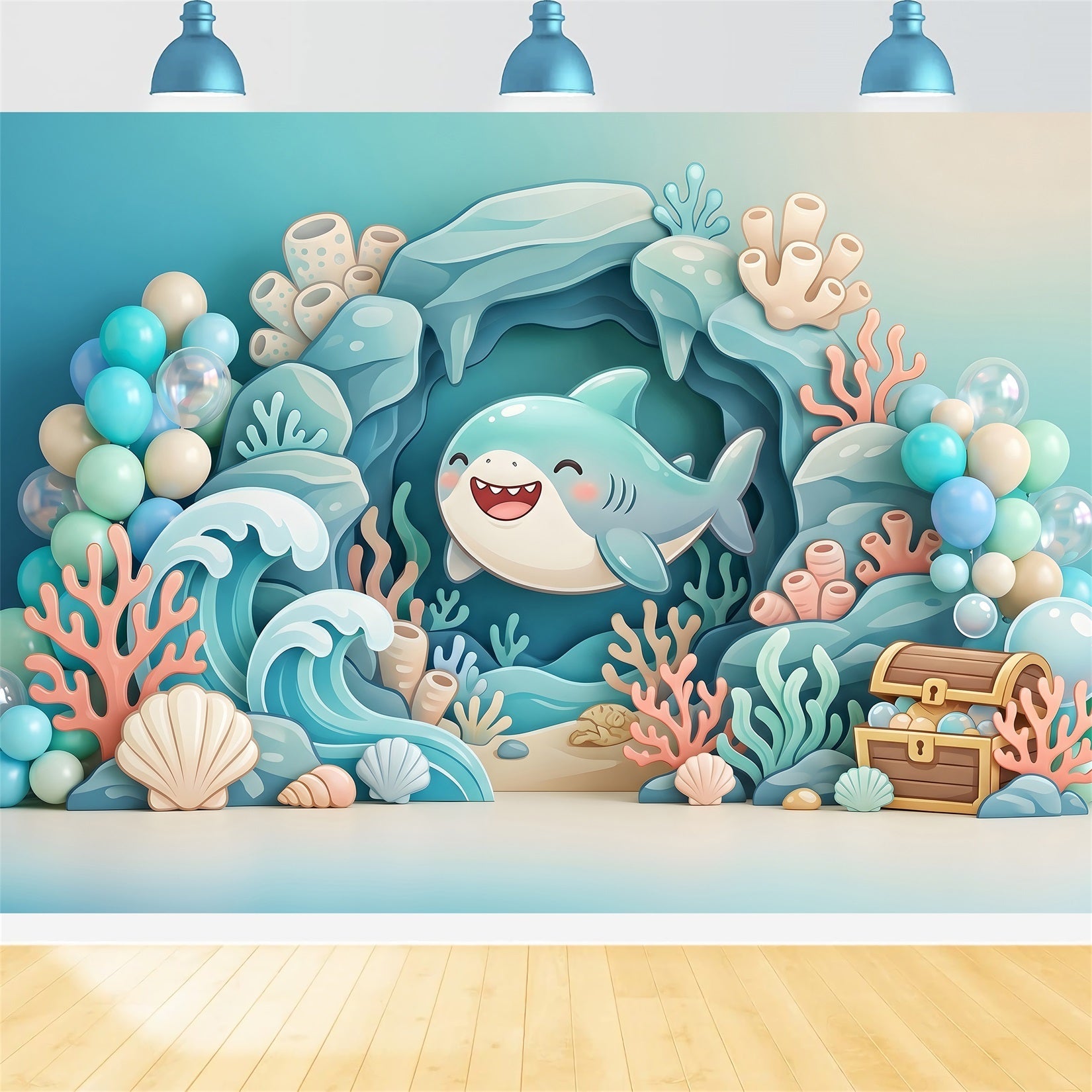 Toile de fond d’anniversaire pour enfant avec requin mignon océan coraux et trésor CEM65-56